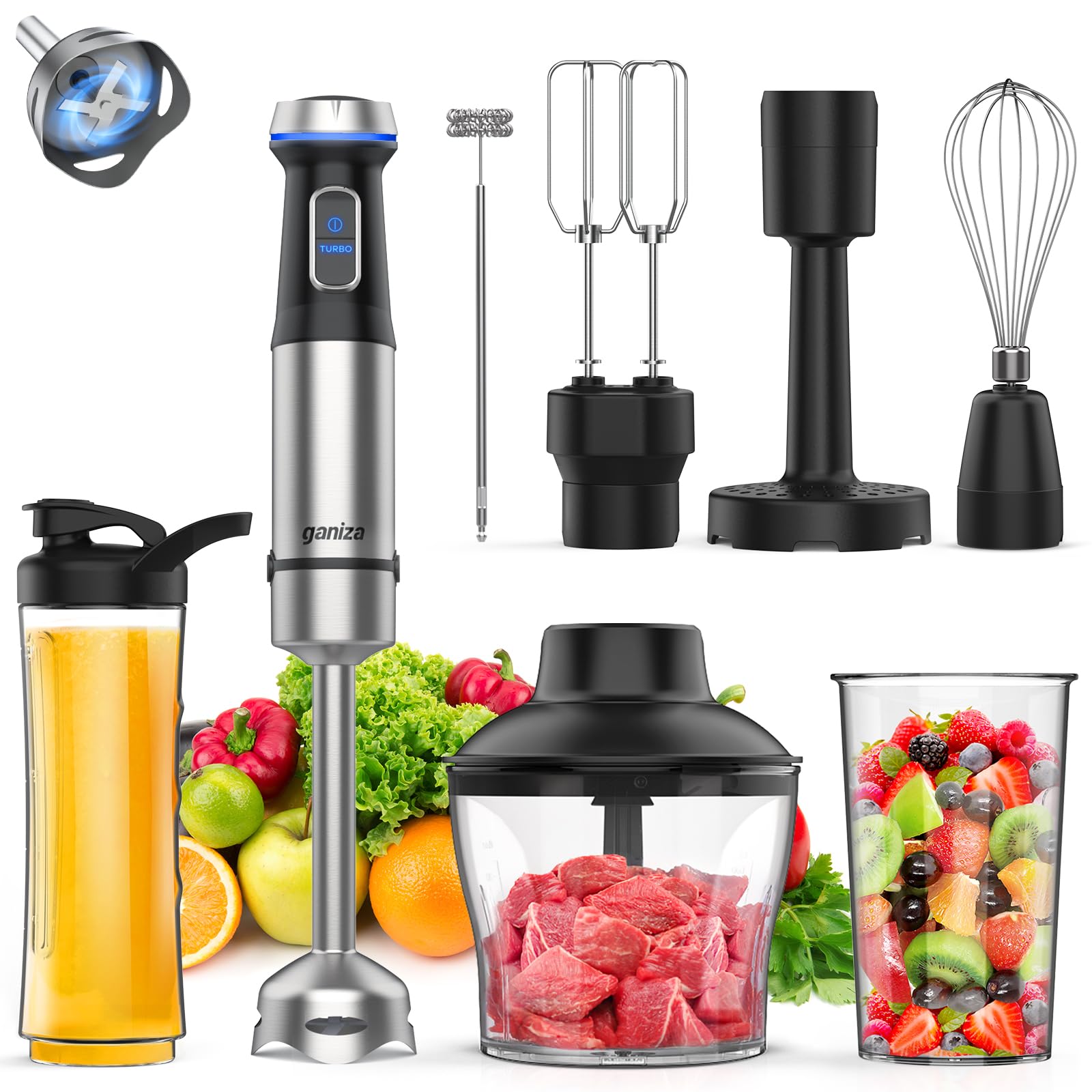 Ganiza Immersion Blender 8 In 1 Hand Blender 800W Heavy Duty Motor, 15 Speed And Turbo Mode Handheld Blender Stainless Steel Sit