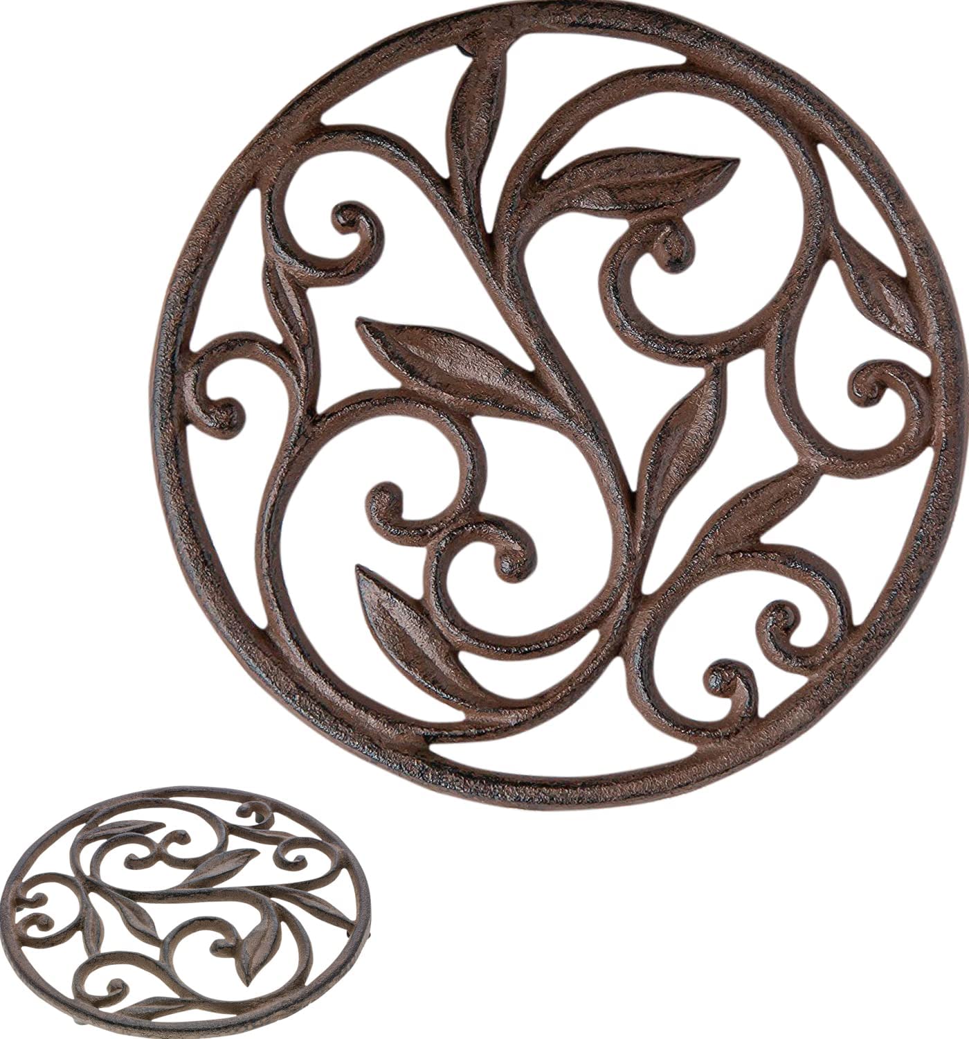Cast Iron Trivet - Round With Vintage Pattern - Decorative Cast Iron Trivet For Kitchen Or Dining Table - 7.7'' Diameter - Rust