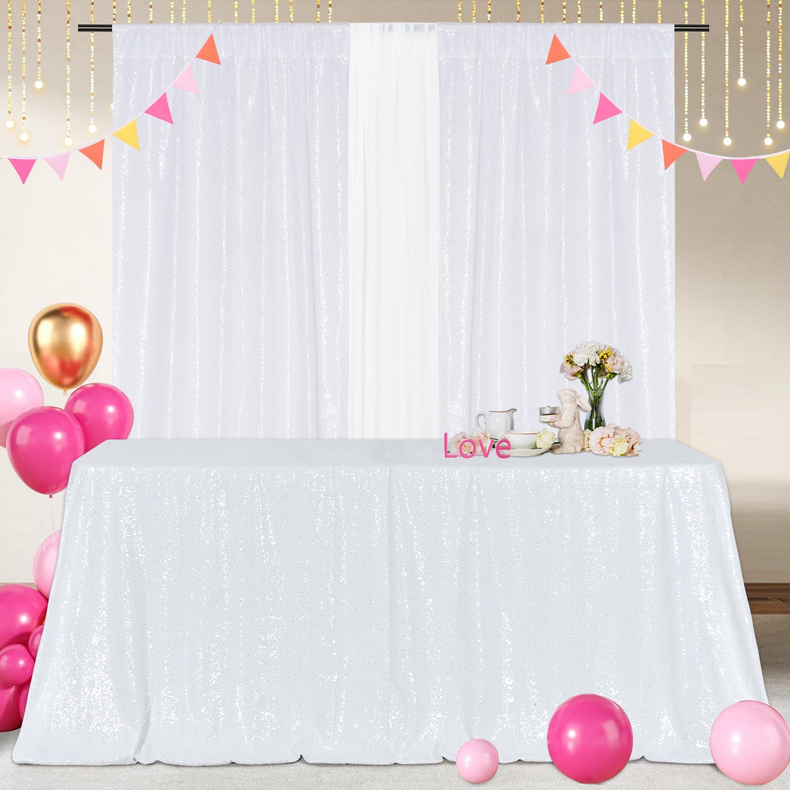 Poise3Ehome 60A120 Rectangle White Sequin Tablecloth For Party Cake Dessert Table Exhibition Events, White