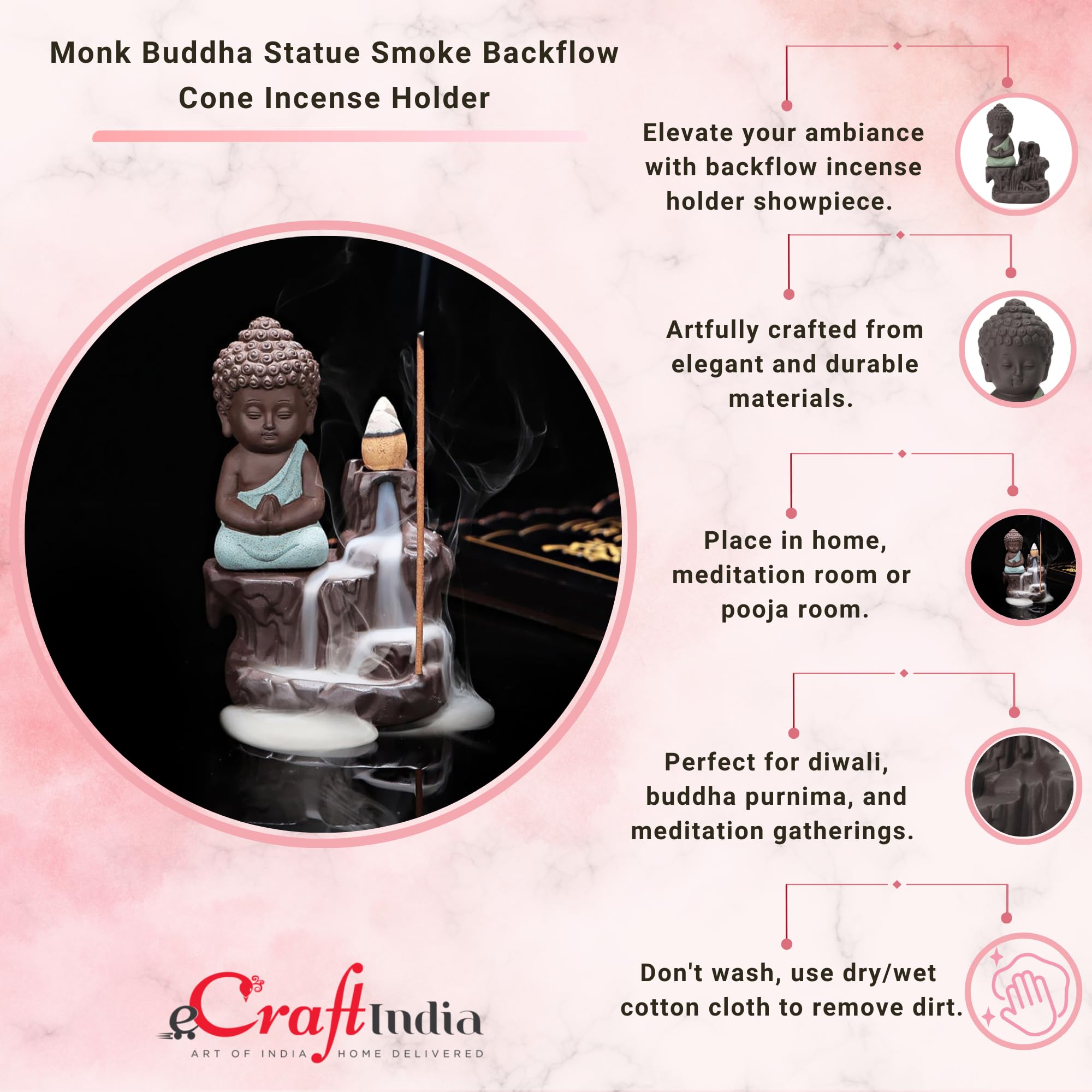 eCraftIndia Meditating Monk Buddha Smoke Backflow Cone Incense Holder Decorative Showpiece with 10 Free Smoke Backflow Scented C