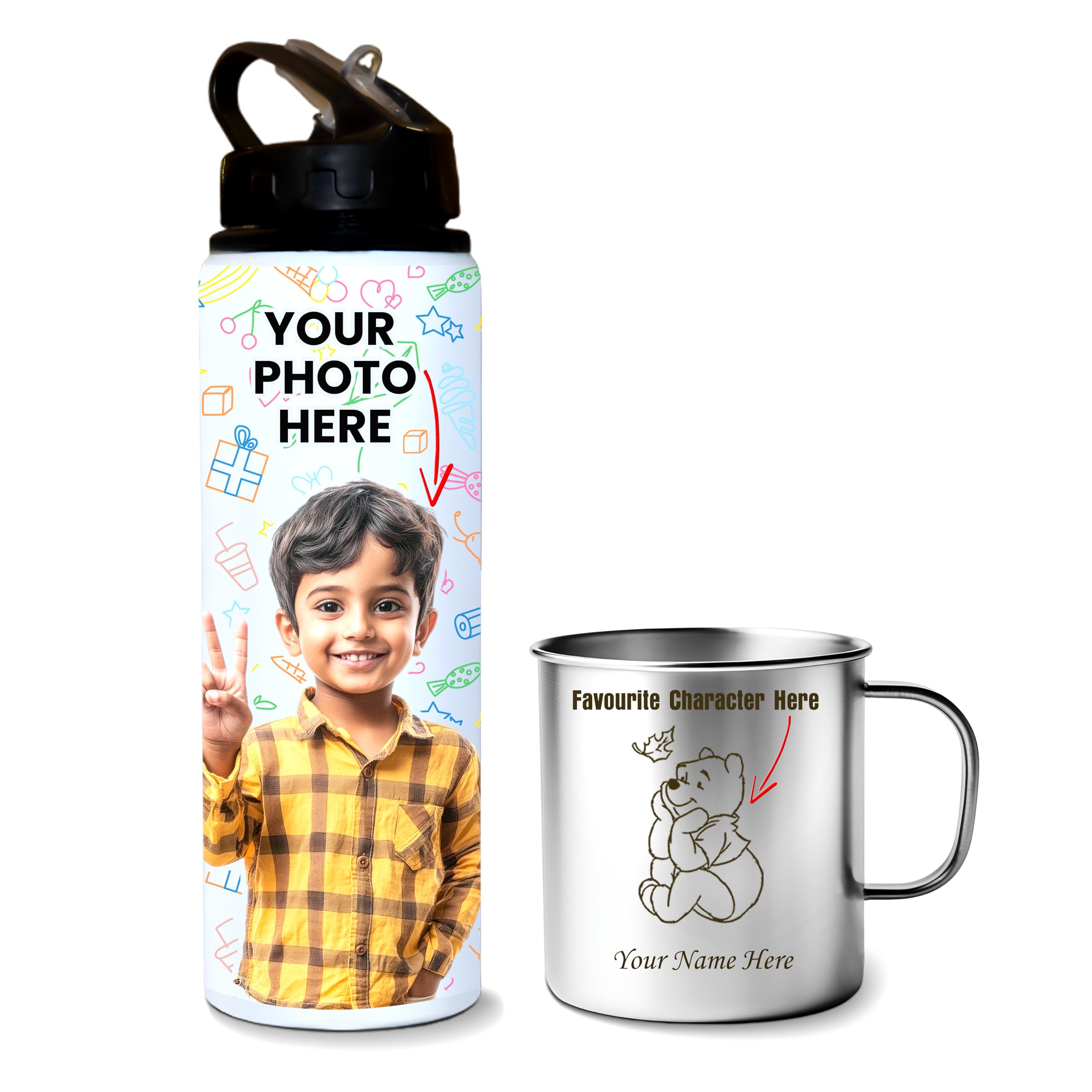 Savri Personalized Gifts For Kids | Custom Photo Bottle & Steel Mug With Name Engraving| Best Gift For Birthday, School & Return