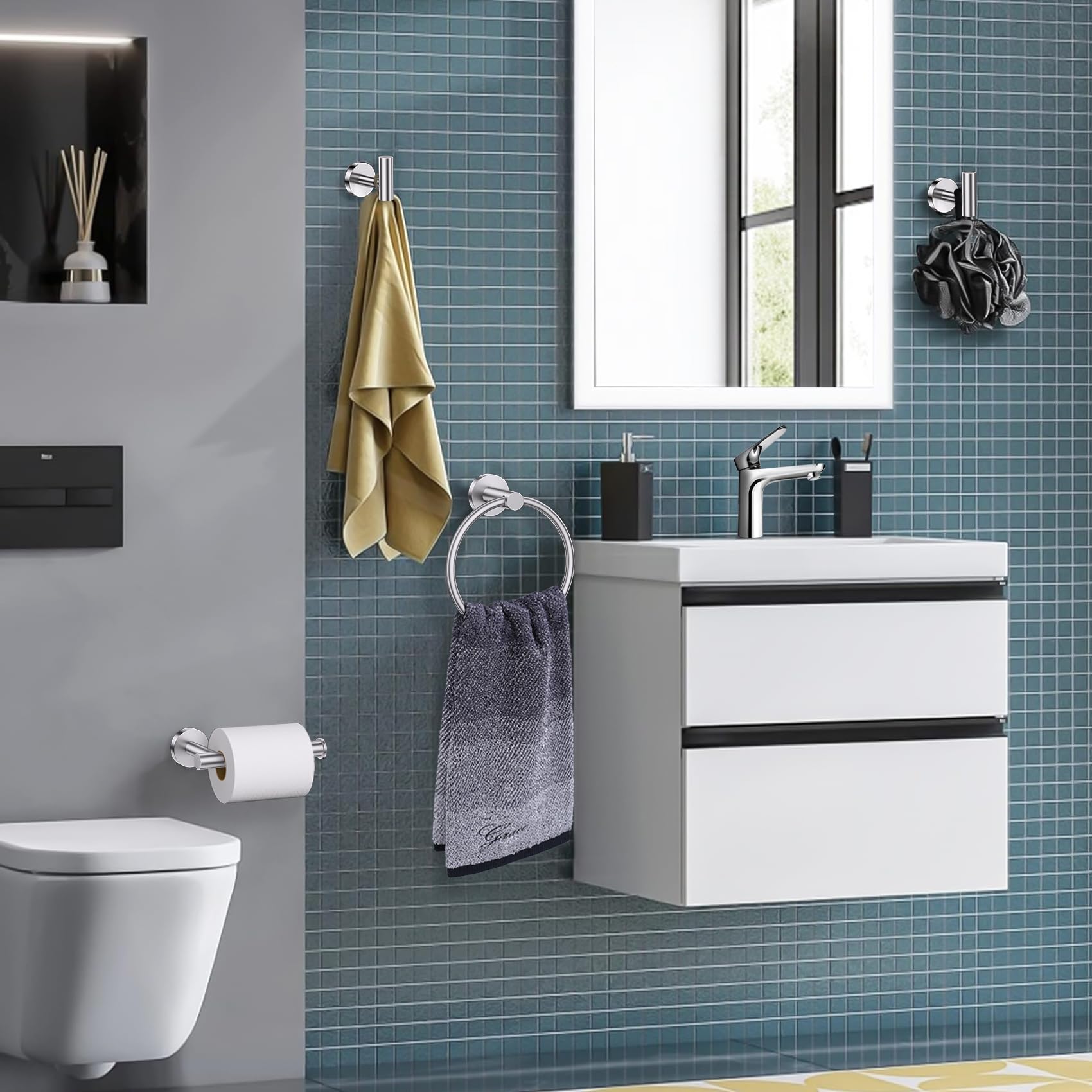 Lairuier Bathroom Hardware Set  4-pieceTowel Bar Set Include Toilet Paper Holder Towel Ring and 2 Towel Hooks Stainless Steel Wall Mounted Bathroom Hardware Accessories Set (Brushed Finish)