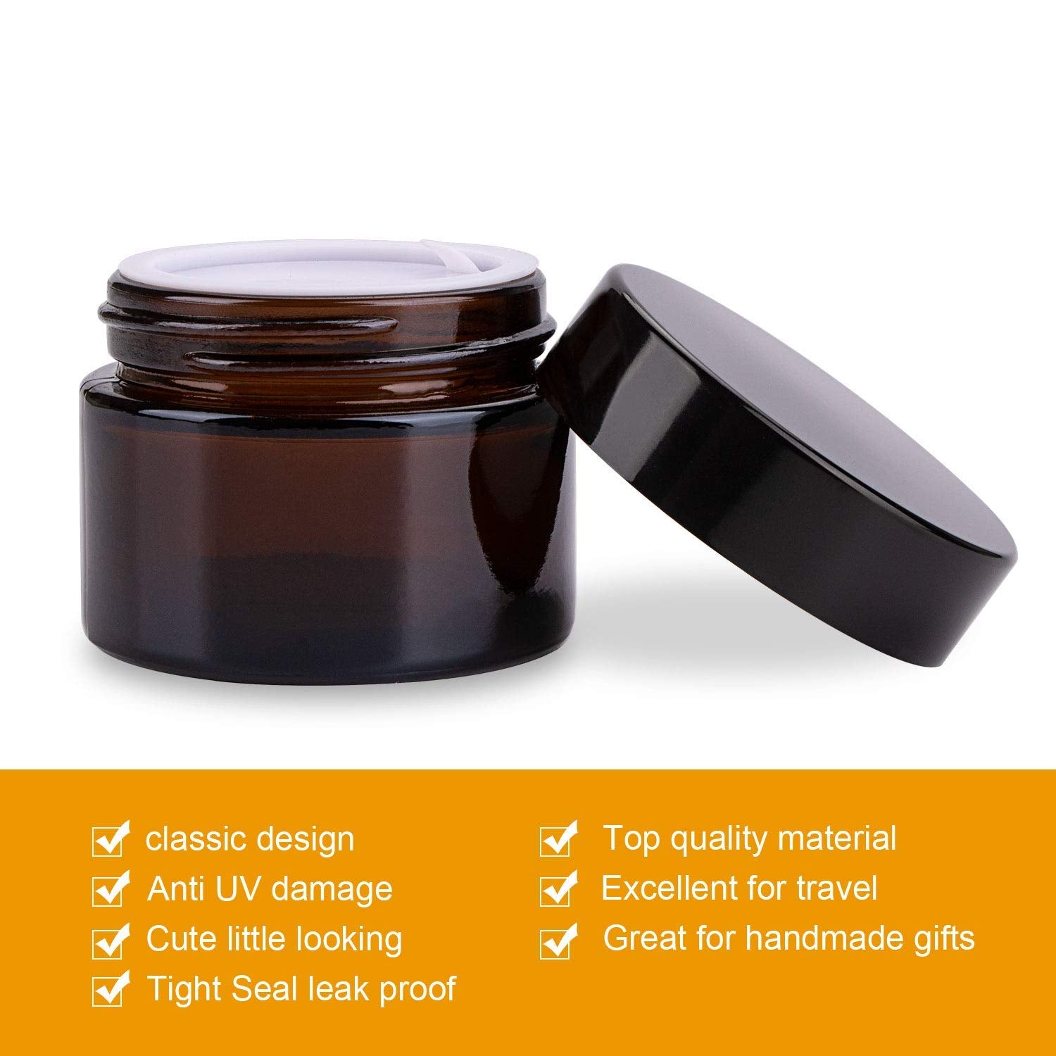 Encheng 15 Pack Of 2 Oz Amber Round Glass Jars,With Inner Liners And Black Lids,Empty Cosmetic Containers,Cream Jars