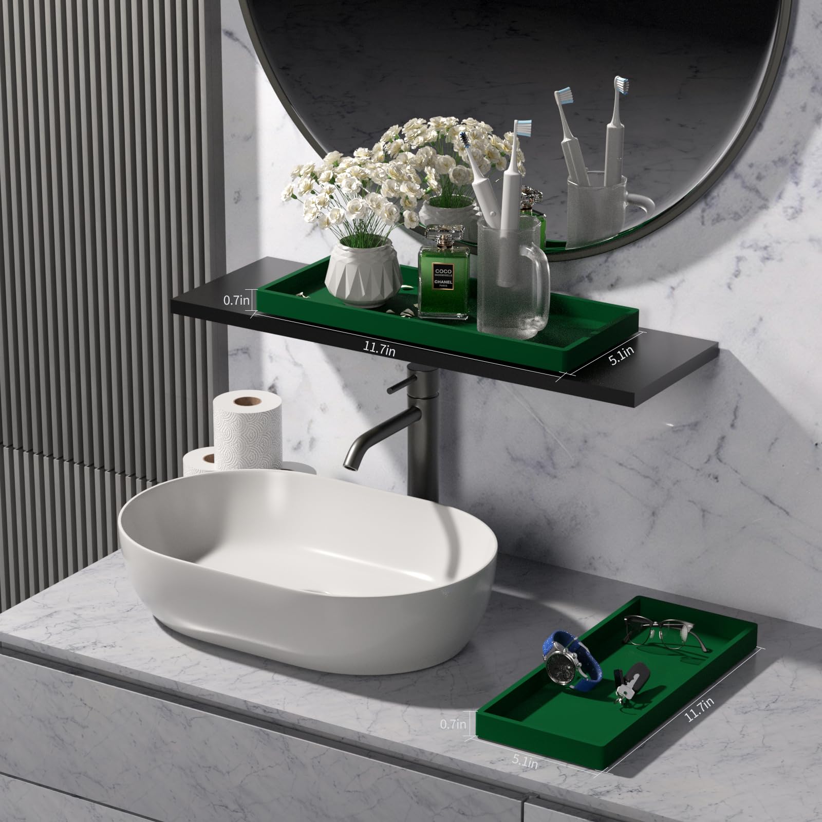 Bbk Bathroom Vanity Tray 11.8 In- 2 Pack(Large) Silicone Bathroom Tray For Counter, Perfume Key Trinket Ring Tray, Decor Soap Di