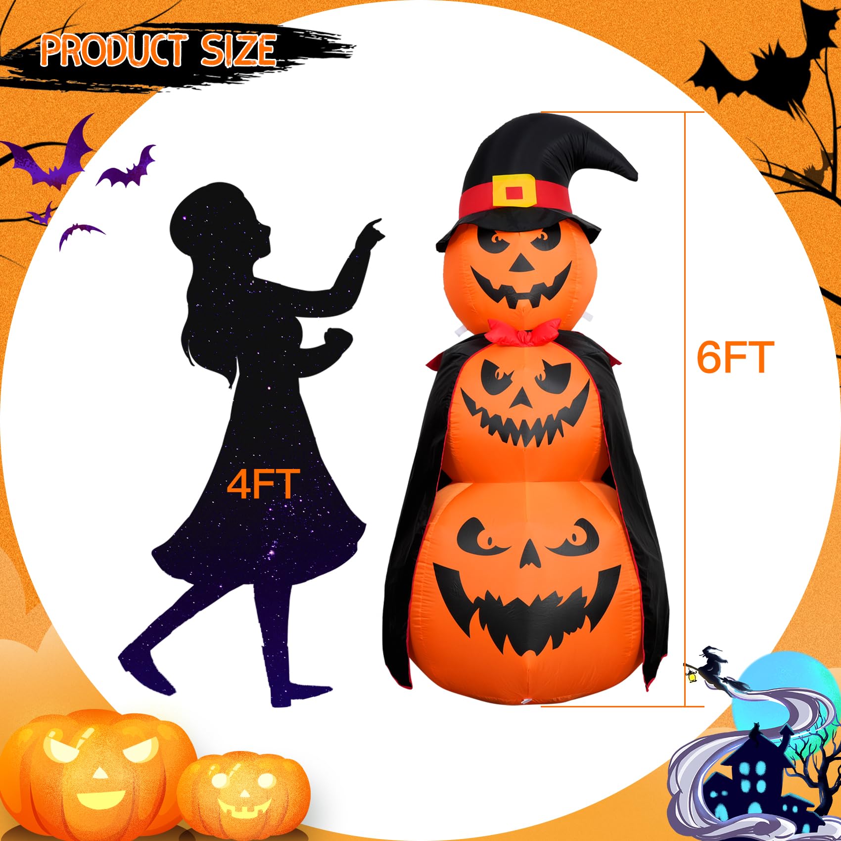 Reclite 6FT Halloween Inflatables Stacked Pumpkins Decor with Witch? Hat Halloween Blow Up 3 Pumpkins Built-in Led Light Pumpkin