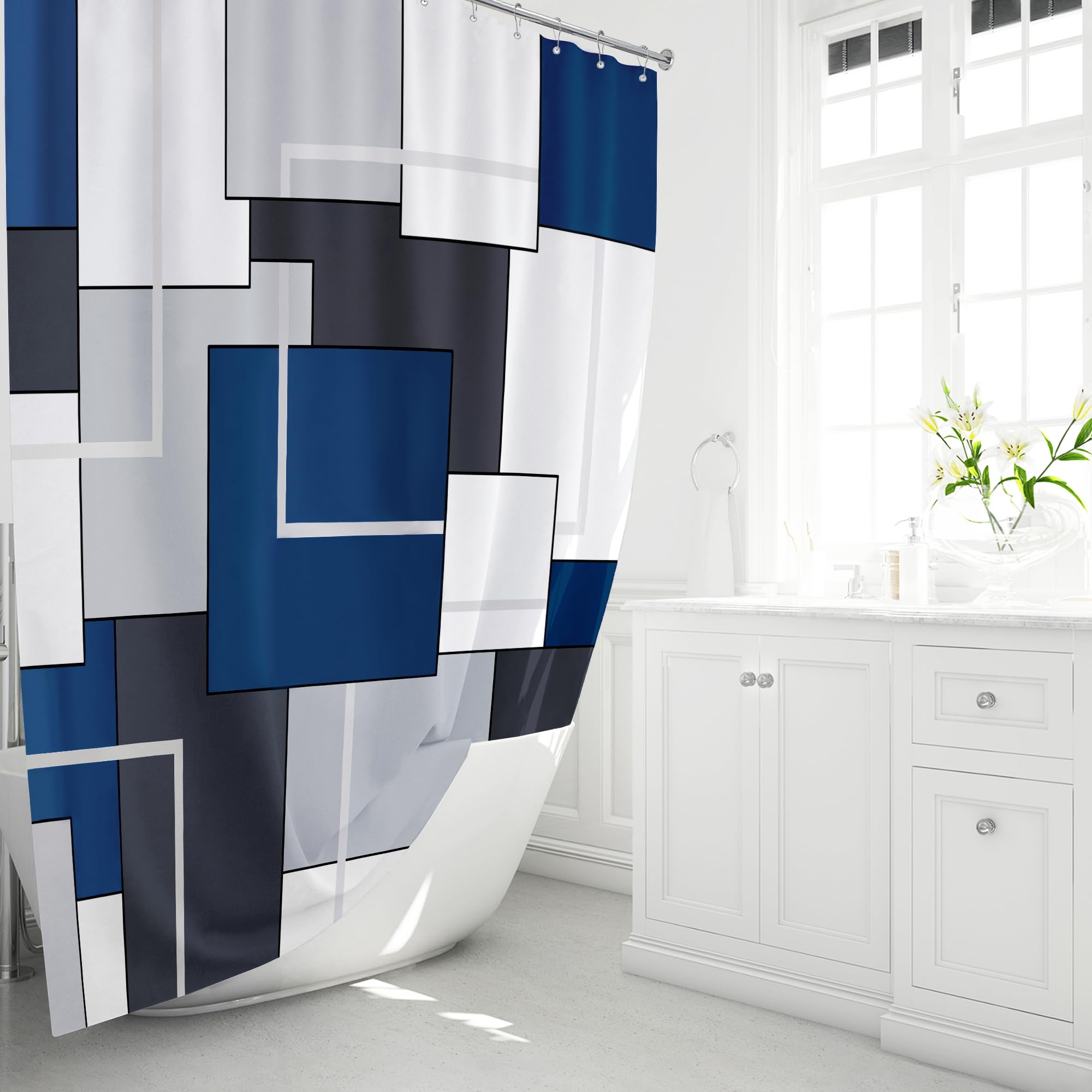 BTTN 96 Inch Extra Long Shower Curtain Set, Waterproof Geometric Fabric, Navy Blue, 72"W x 96"L, Perfect for Tall Bathrooms