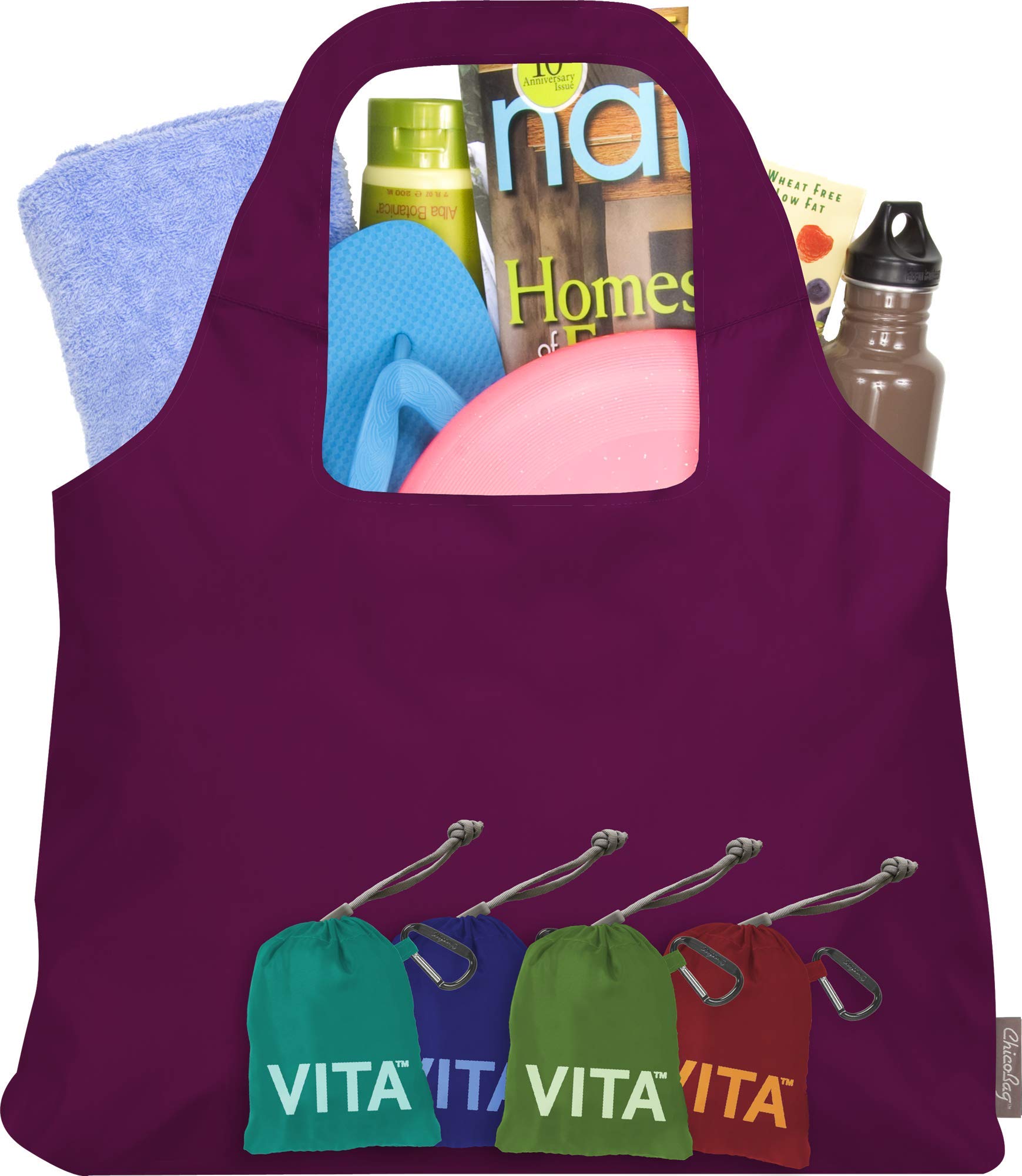 Chicobag Vita Reusable Shopping Bag With Attached Pouch And Carabiner Clip, Compact, Designer Shoulder Tote, Boysenberry