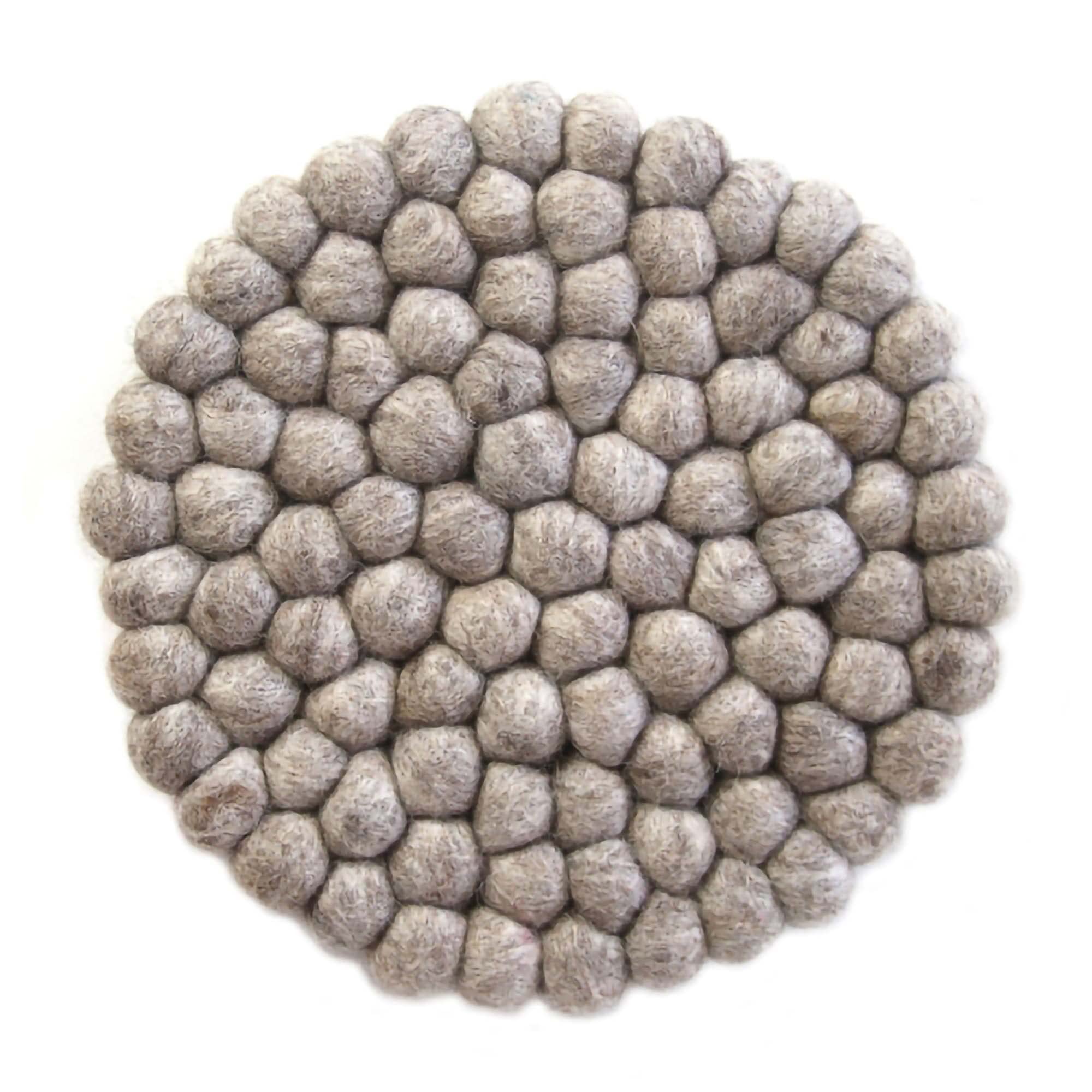 Global Crafts Hand Crafted Felt Ball Wool Trivet Mat From Nepal, 8'' Round Pad, Light Grey