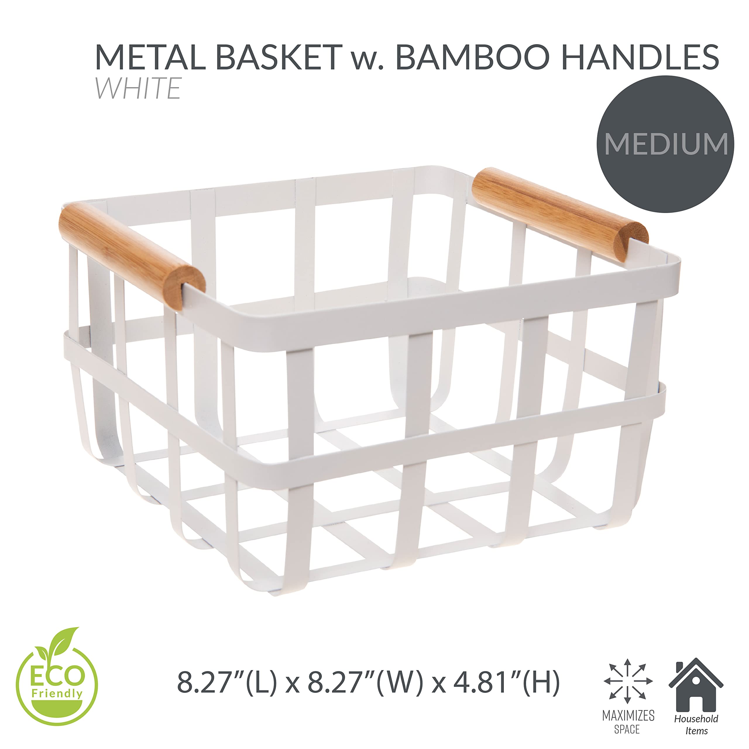 Simplify Square Metal Storage Basket With Bamboo Handles | Medium | Farmhouse Style Wire Basket | Home Organizer | Decorative |