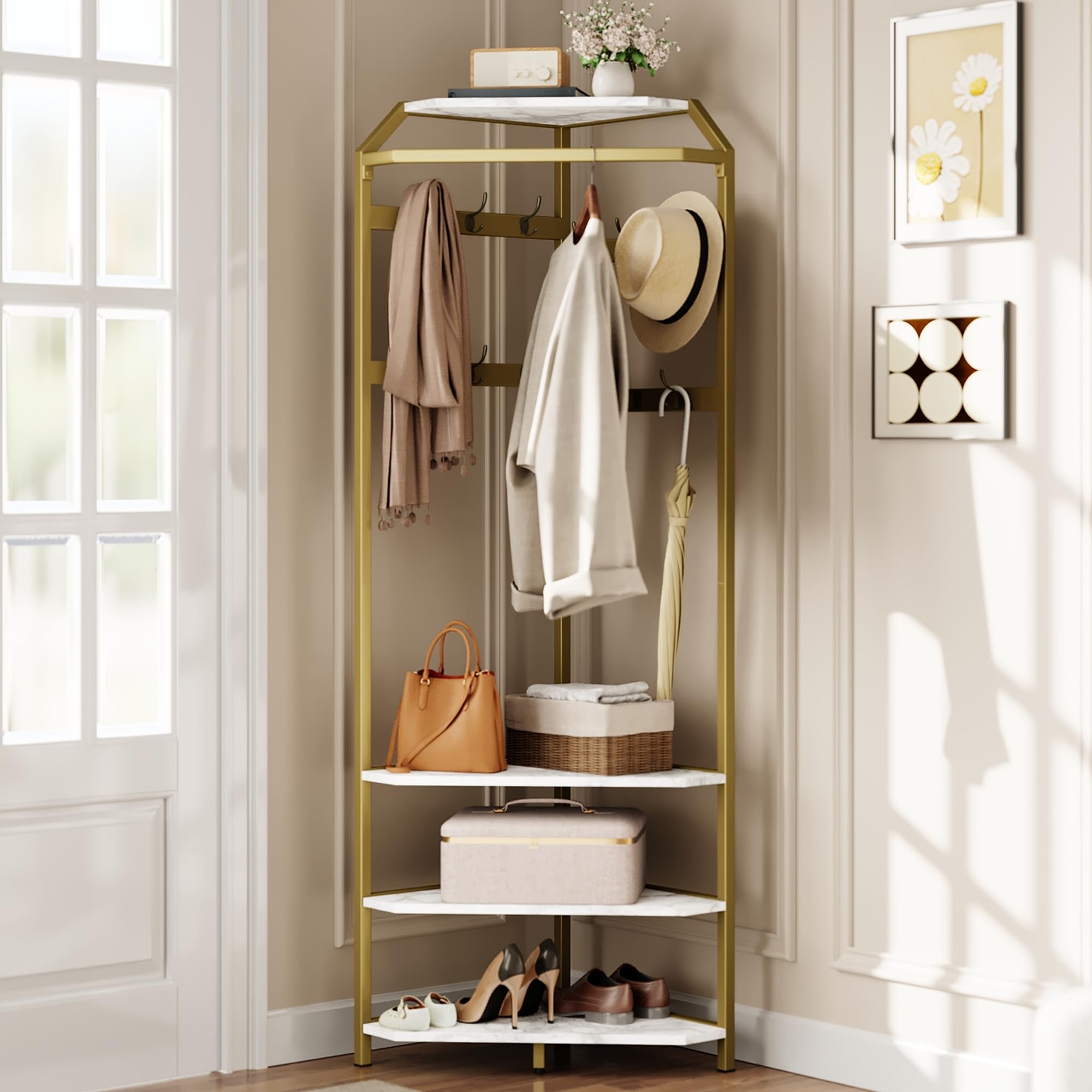 GarveeHome Corner Coat Rack With Shoe Bench Entryway, Corner Hall Tree With 6 Double Hooks, Clothes Rack With Storage Hall Tree 