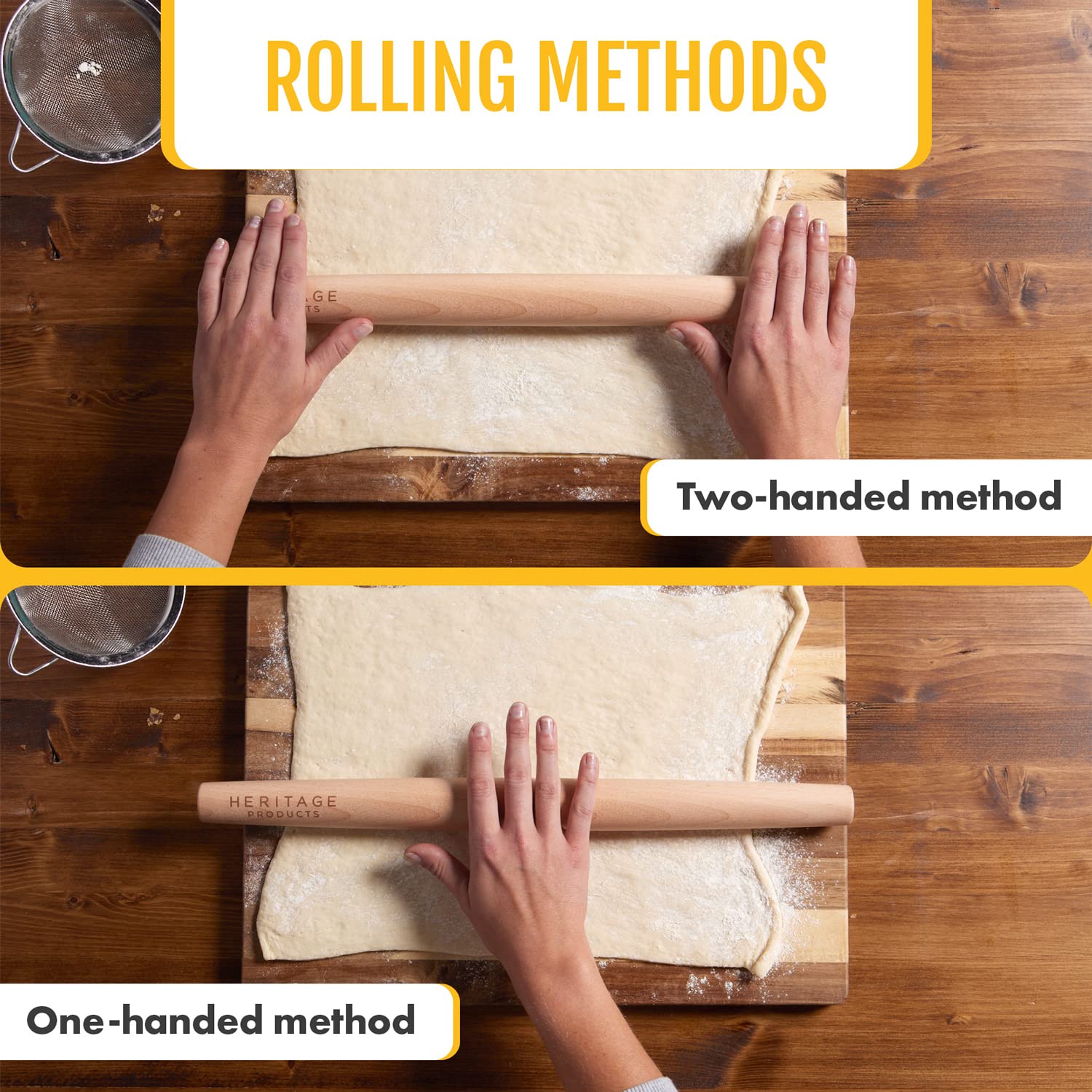 Heritage Products French Rolling Pin - Tapered Wooden Rolling Pins For Baking - Dough Roller For Fondant, Ravioli, Pastry, Pie,