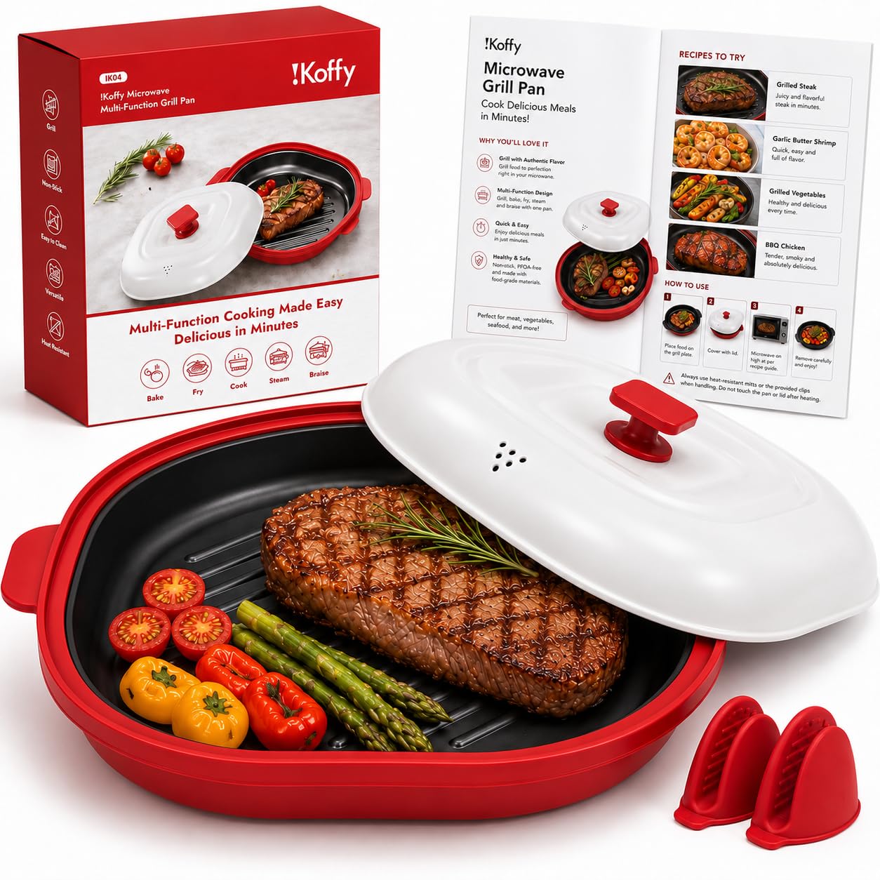 iKoffy Microwave Grill Pan with Lid,Nonstick Grill Plate,Red