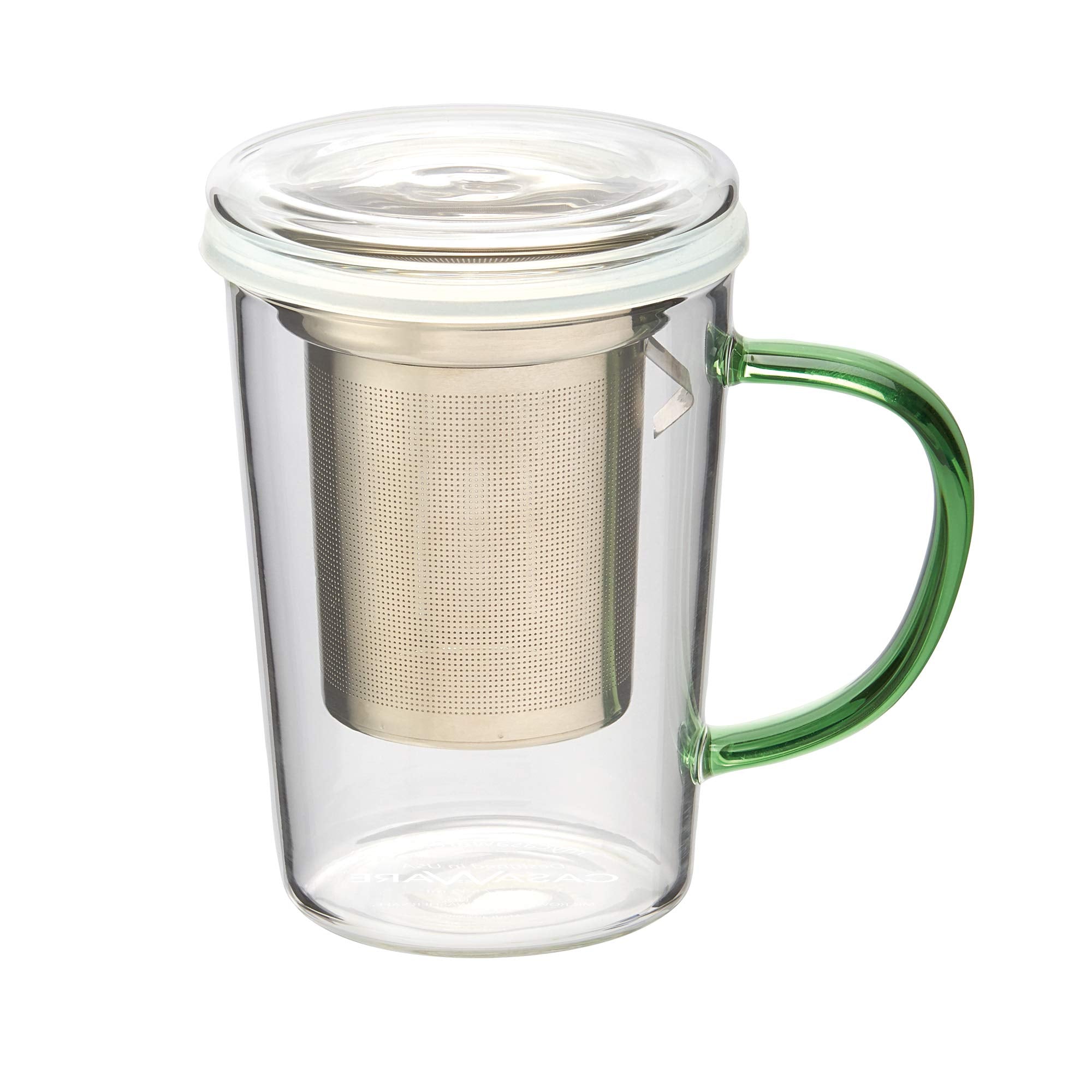casaWare 18Ounce Borosilicate Glass Tea Infuser Mug with Lid (Green Handle)