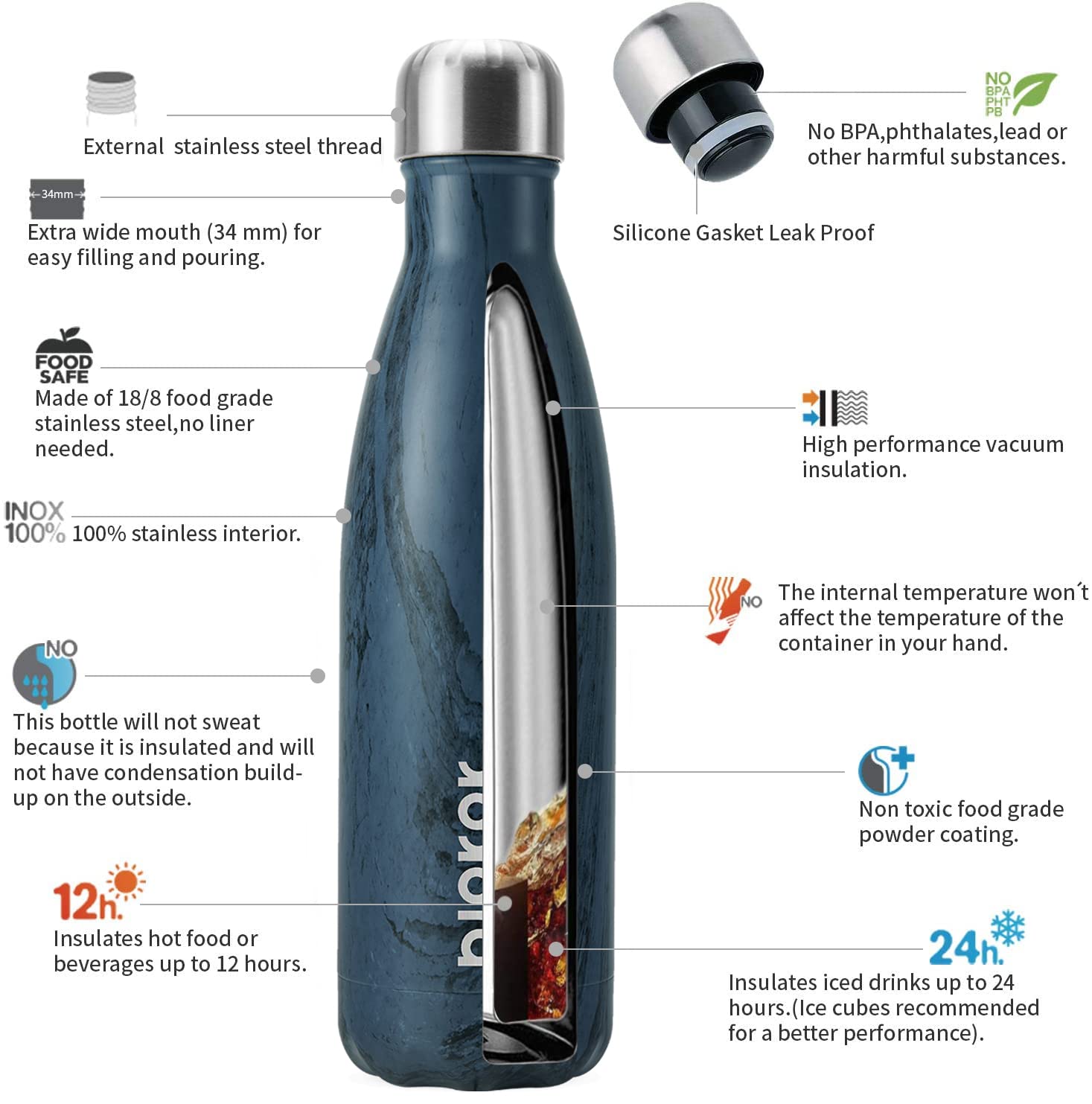 Bjpkpk Insulated Water Bottle 17 Oz Stainless Steel Water Bottles Cola Shape Kids Water Bottles For School -Wood Graphics-Prussi