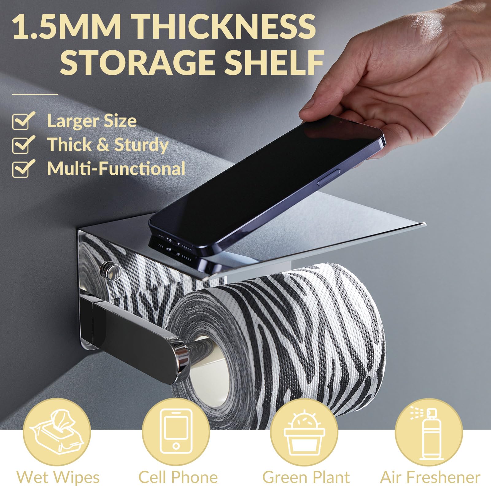 Aplusee Toilet Paper Holder With Phone Shelf Polished Chrome, Sus 304 Stainless Steel Bathroom Accessories Tissue Roll Dispenser