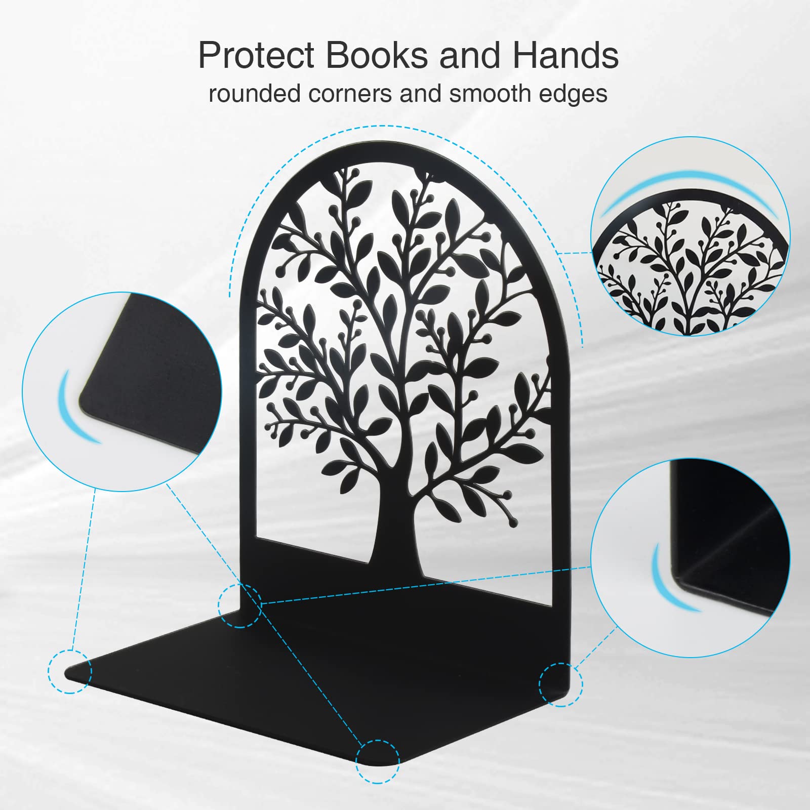 Umikk Metal Bookends - Tree of Life Design, Black Non-Skid, 7 x 5.5 x 3.5 inch, Decorative Bookends for Heavy Books (1 Pair)