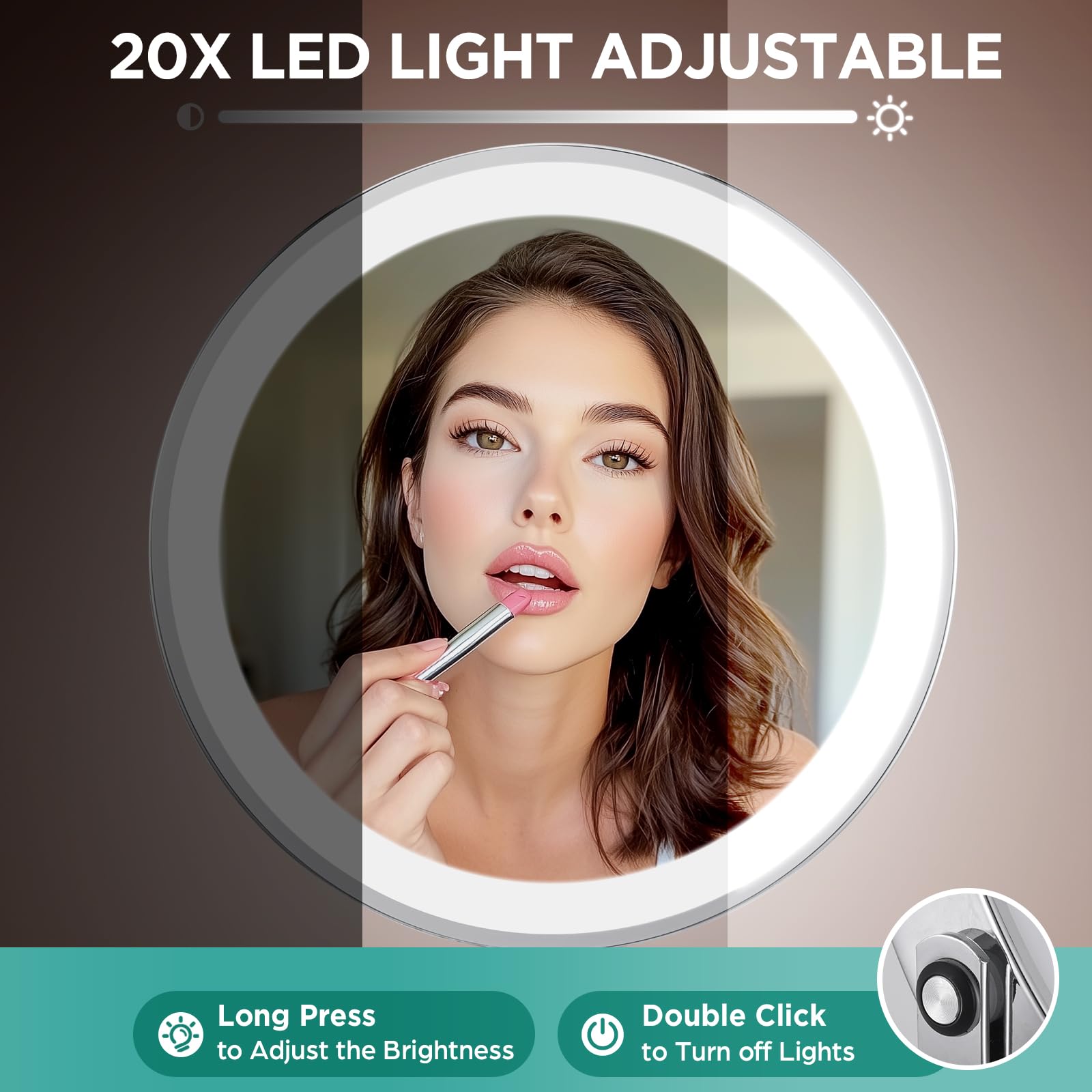 Makeup Mirror With Lights, 20X Magnifying Mirror With Light And Stc- Side Charging & Side Touch Switch, Vanity Mirror With 3 Col
