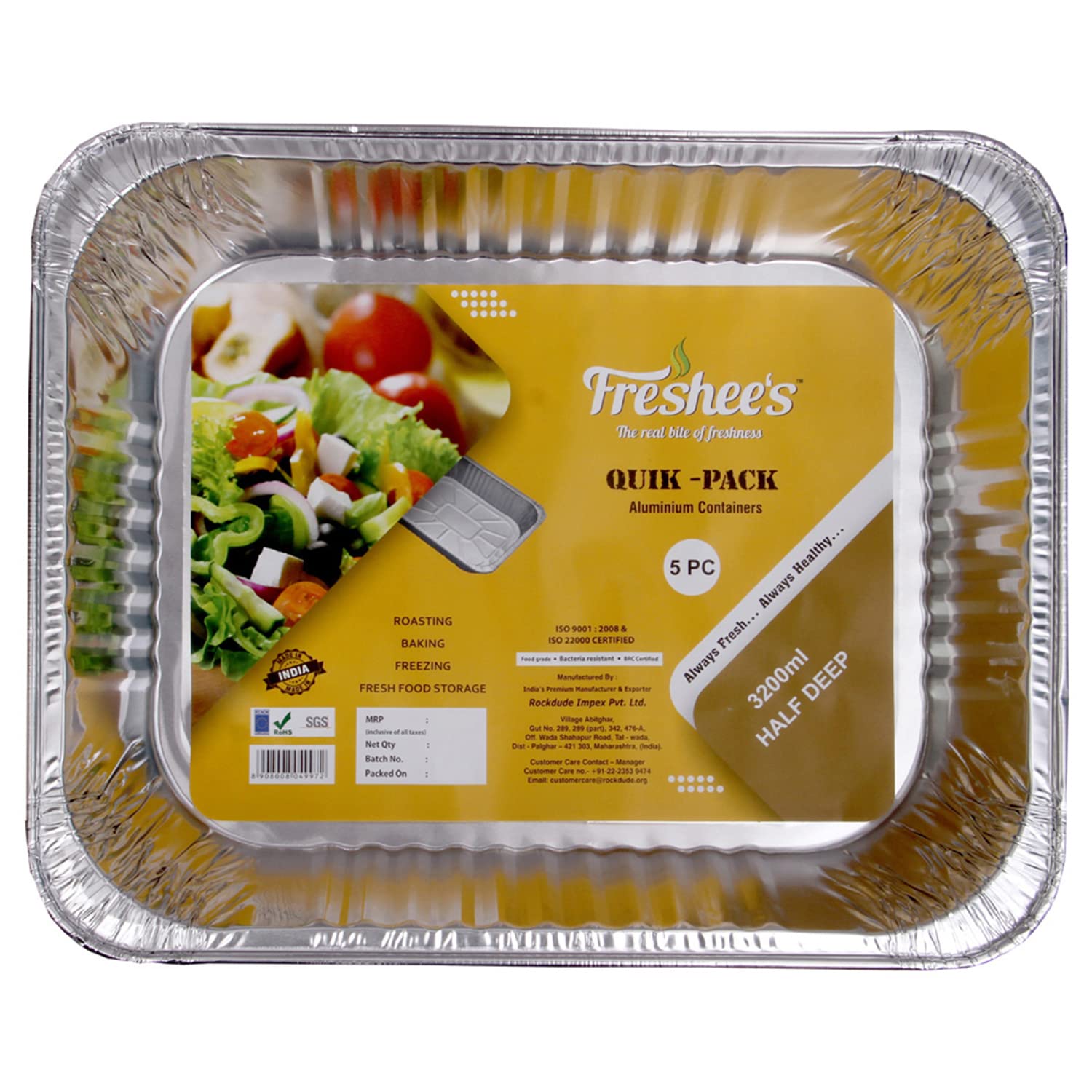 Freshee 3200Ml Disposable Aluminium Baking Tray For Roasting Freezing Pack Of 5 Half Deep Foil Containers Without Lid For Food S