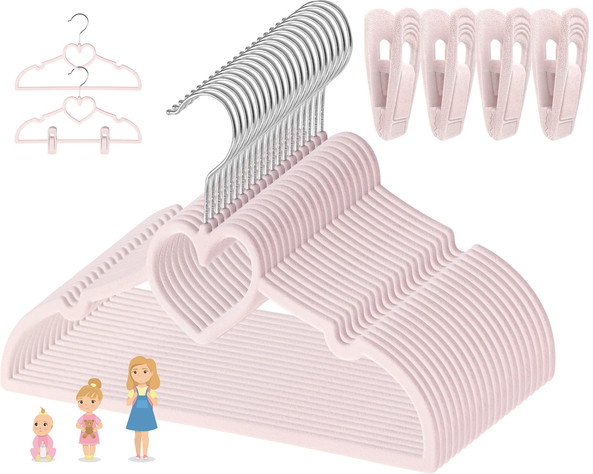 Kids Pink Velvet Clips Hangers - 13Inch 50 Pack Baby Hanger With 20Pcs Movable Clips, Stackable Non-Slip Heart Flocked Hangers F
