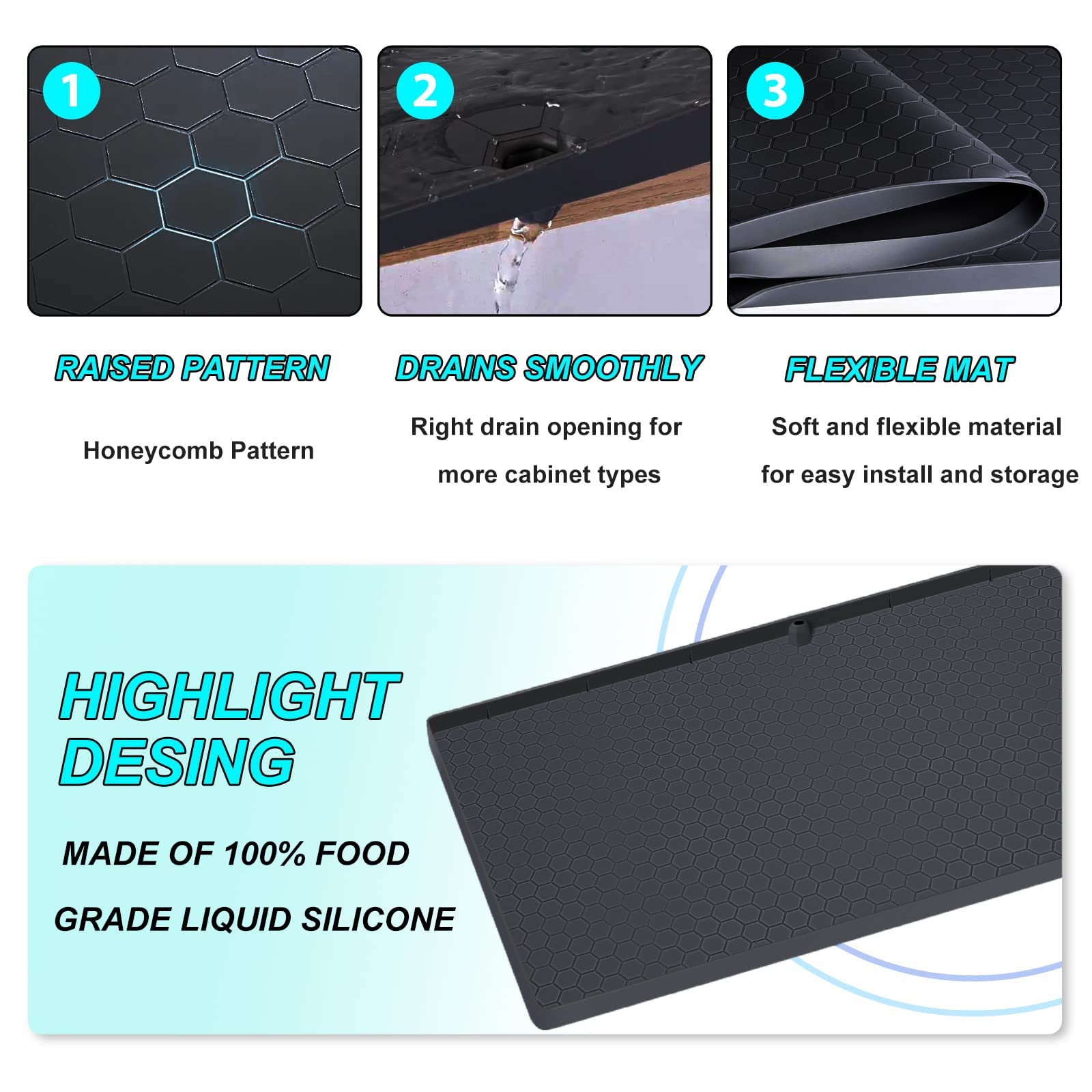 Under Sink Mat for Kitchen Waterproof  34'' x 22'' Silicone Under Sink Liner Mat with Drain Hole  Kitchen Bathroom Cabinet Liner Holds Over 2.2 Gallons  Under Sink Tray for Drips  Leaks  Spills(Black)
