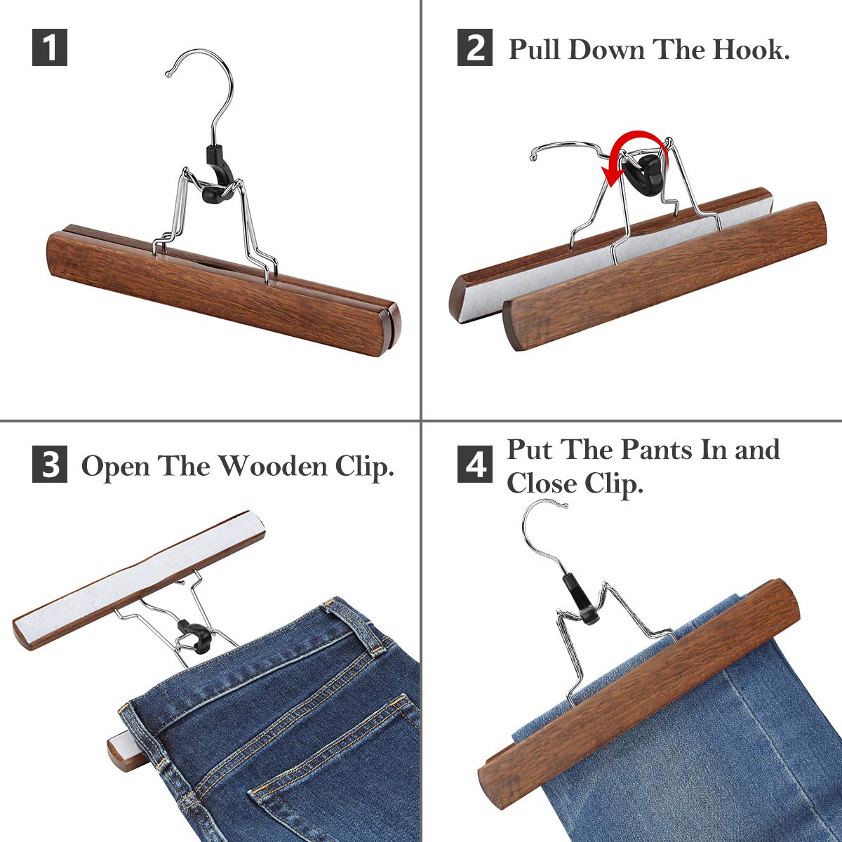 AMKUFO 12 Pack Wooden Pants Hangers with Clips Non Slip Skirt Hangers Walnut Trouser Clamp Hanger Solid Wood Hanger with 360? Swivel Hook