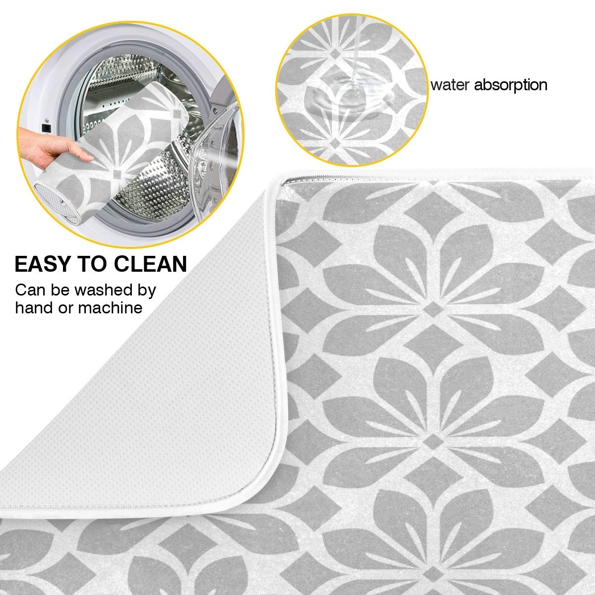 Grey And White Flowers Leaves Dish Drying Mat 16X18 For Kitchen Geometric Leaf Floral Pattern Gray Dishes Pad Dish Drainer Rack