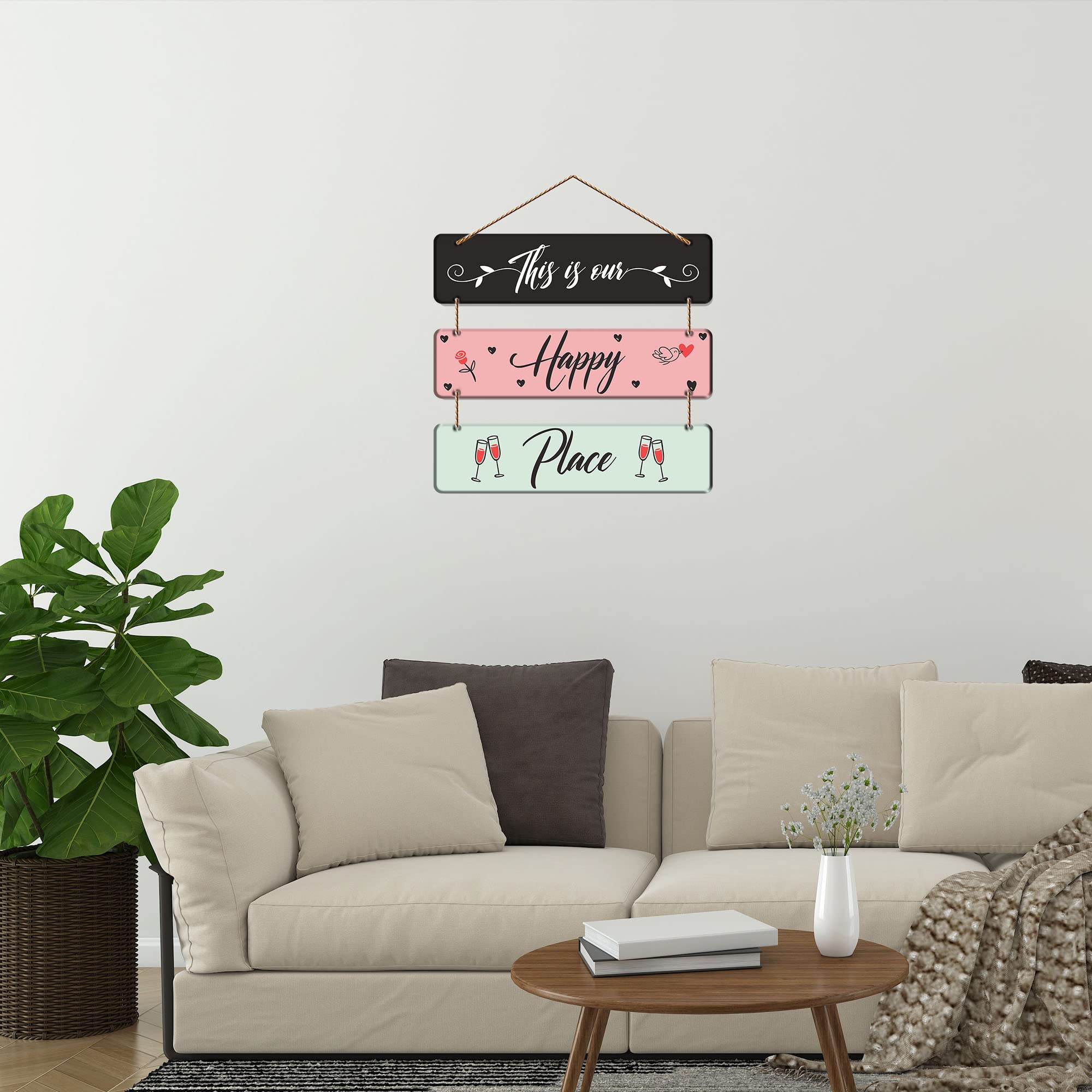 Artvibes Happy Place Family Wooden Wall Hanger for Home Decor | Office | Living Room | Gifts | Bedroom | Quotes Decorative Items