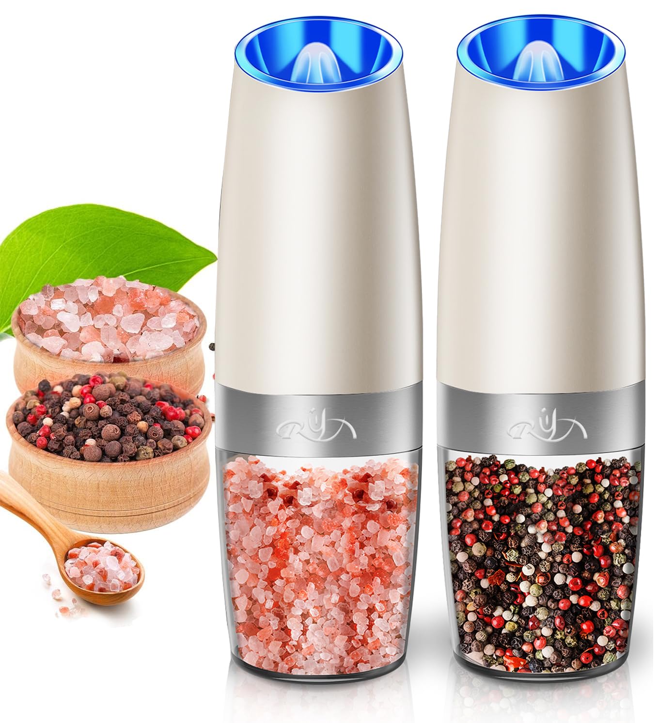 Rongyuxuan Gravity Salt And Pepper Mill Set, Electric Automatic Pepper Grinder Mill Shaker With Battery Powered,Stainless Steel,