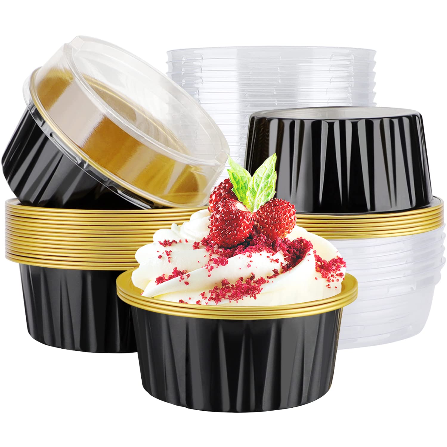 Eusoar Ramekins With Lids, 25Pcs 5Oz Cupcake Liners Aluminum Foil Baking Dessert Cups Holders, Mini Muffin Creme Brulee Disposab