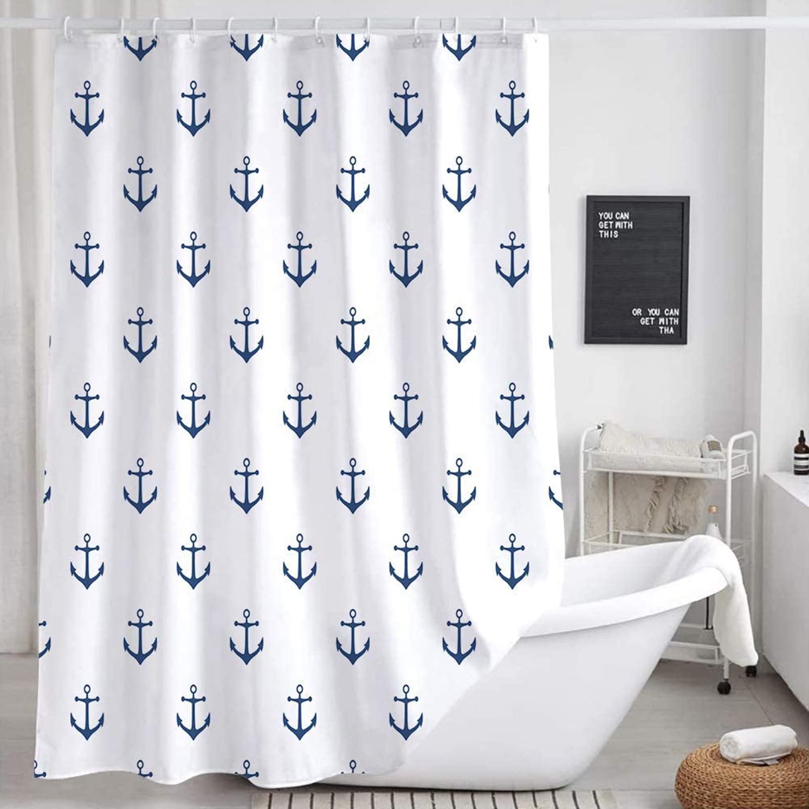 Dynh Nautical Anchor Shower Curtain For Bathroom, Navy Blue White Beach Coastal Beachy Fabric Shower Curtains Set Decorative, Oc