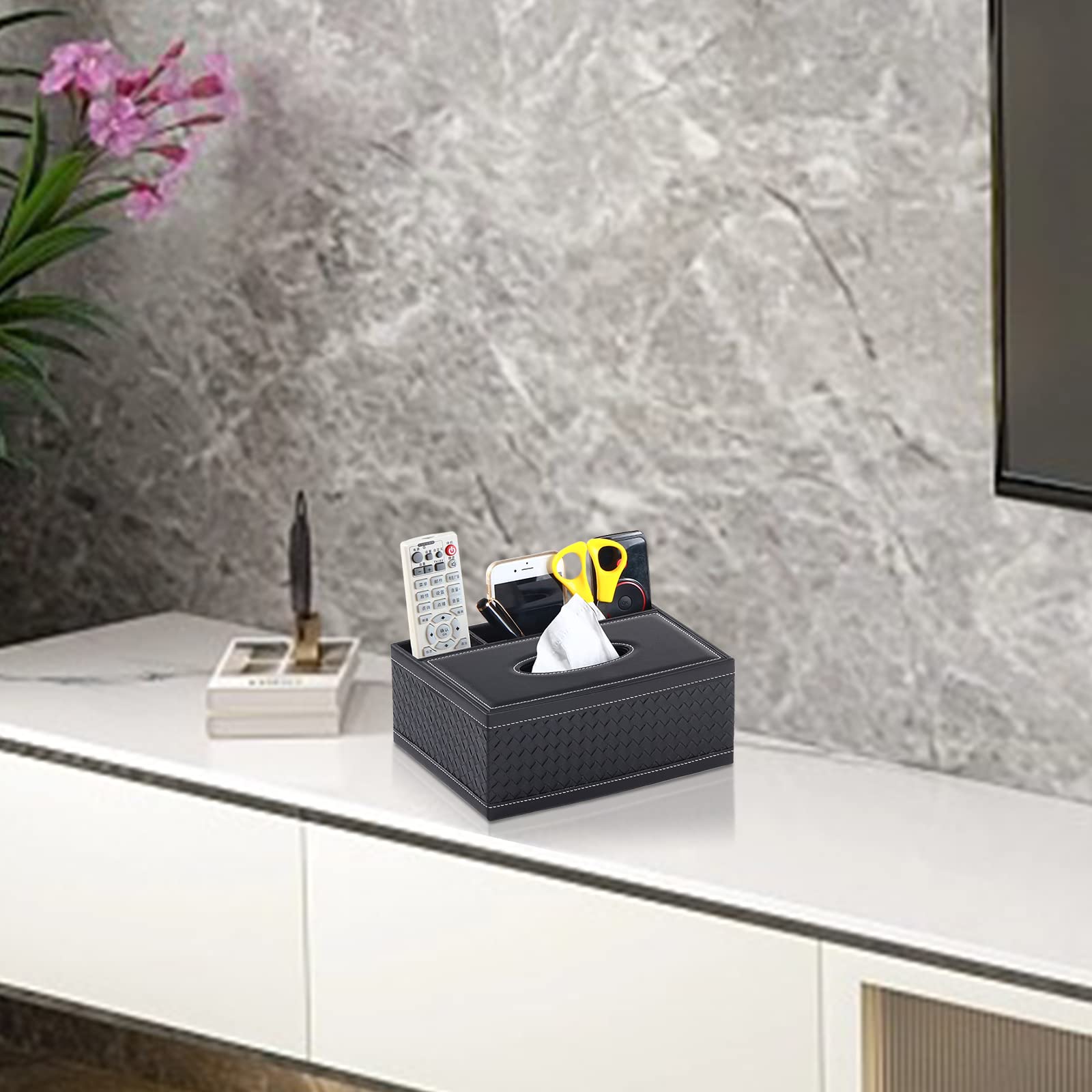 Xnone Tissue Box Cover Rectangle Black Kleenex Box Holder Pu Leather Facial Tissue Organizer,Multifunctional Remote Control Stat