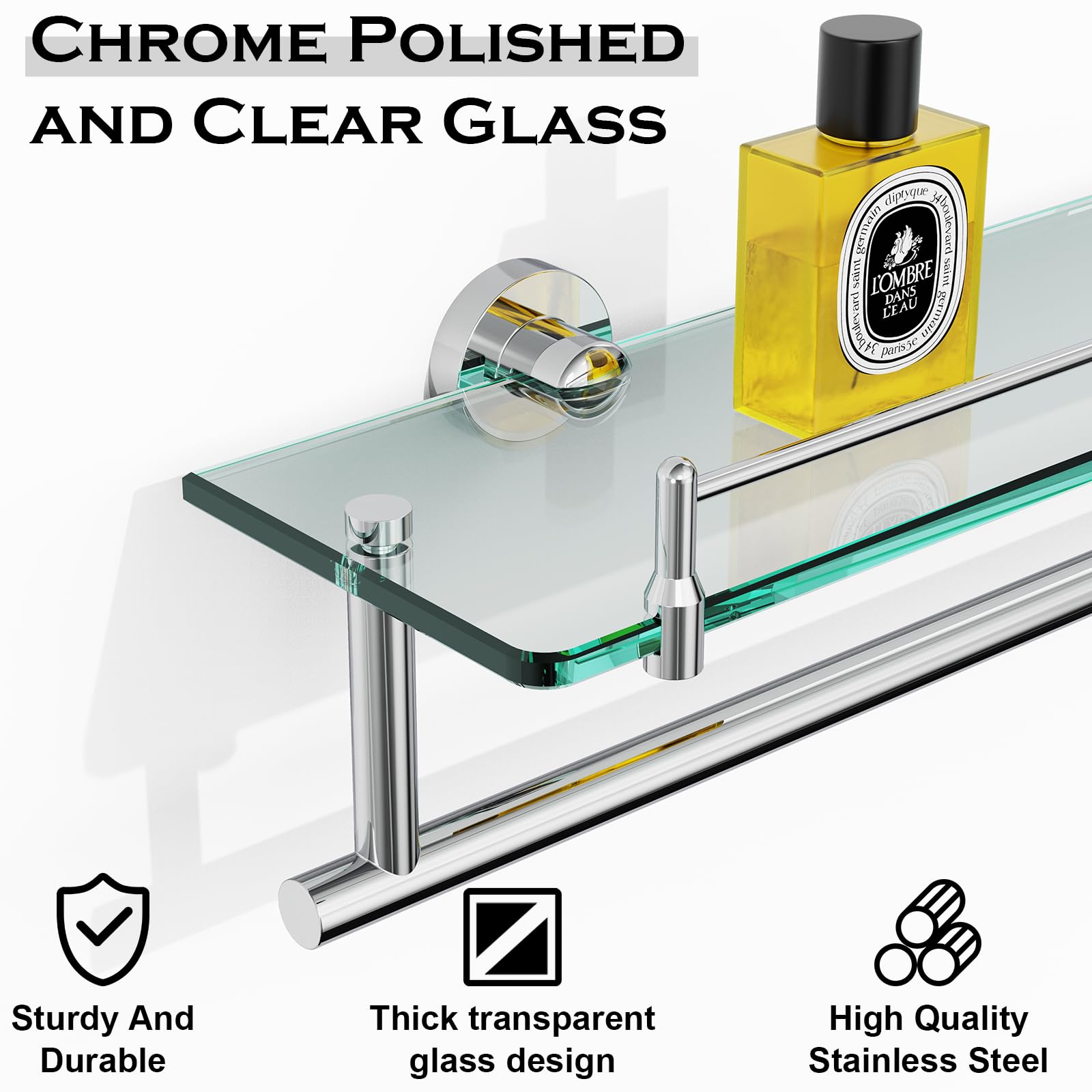 Kocok Bathroom Glass Shelf With Towel Bar,24-Inch Chrome Polished Floating Glass Bathroom Shelves With Towel Rack Stainless Stee