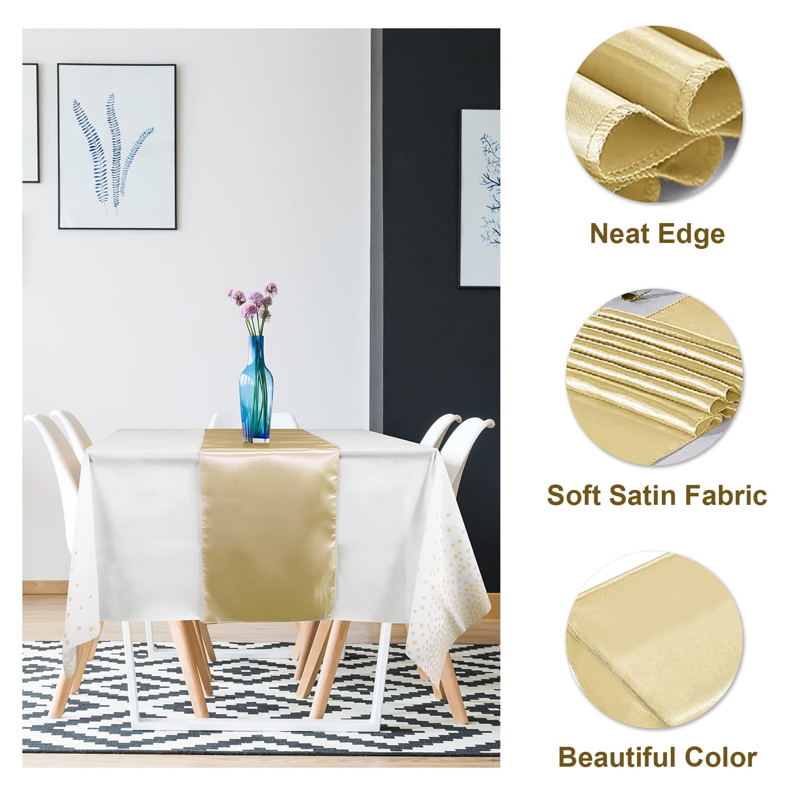 8Pack Disposable Plastic Tablecloths And Satin Table Runner Set White And Gold Dot Tablecloth Gold Satin Table Runner For Weddin