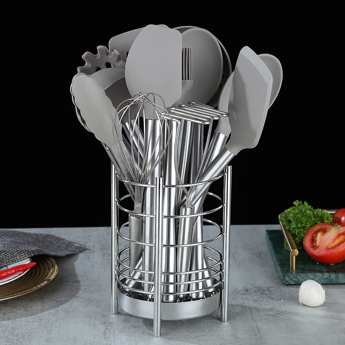 Berglander Kitchen Utensils Set 38 Pieces Non-Stick Silicone Cooking Utensils Set  Kitchen Tools Set  Spoon Spatula Set with Sturdy Stainless Steel Utensil Holder  Dishwasher Safe