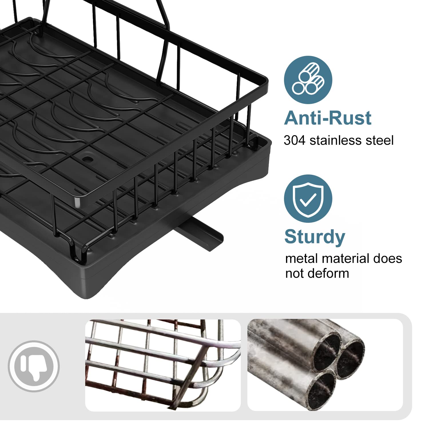 Doitsf 2 Tier Dish Drying Rack - Large Stainless Steel, Black, with Drainboard & Utensil Holders, Model DO001