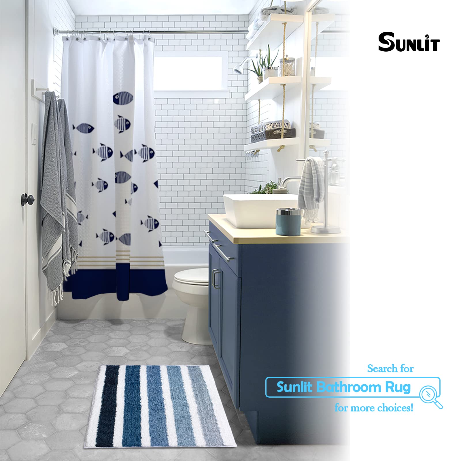 Sunlit Ombre Blue Bathroom Rug Nautical Bath Mat For Bathroom Non Slip 30''X20'' Blue And White