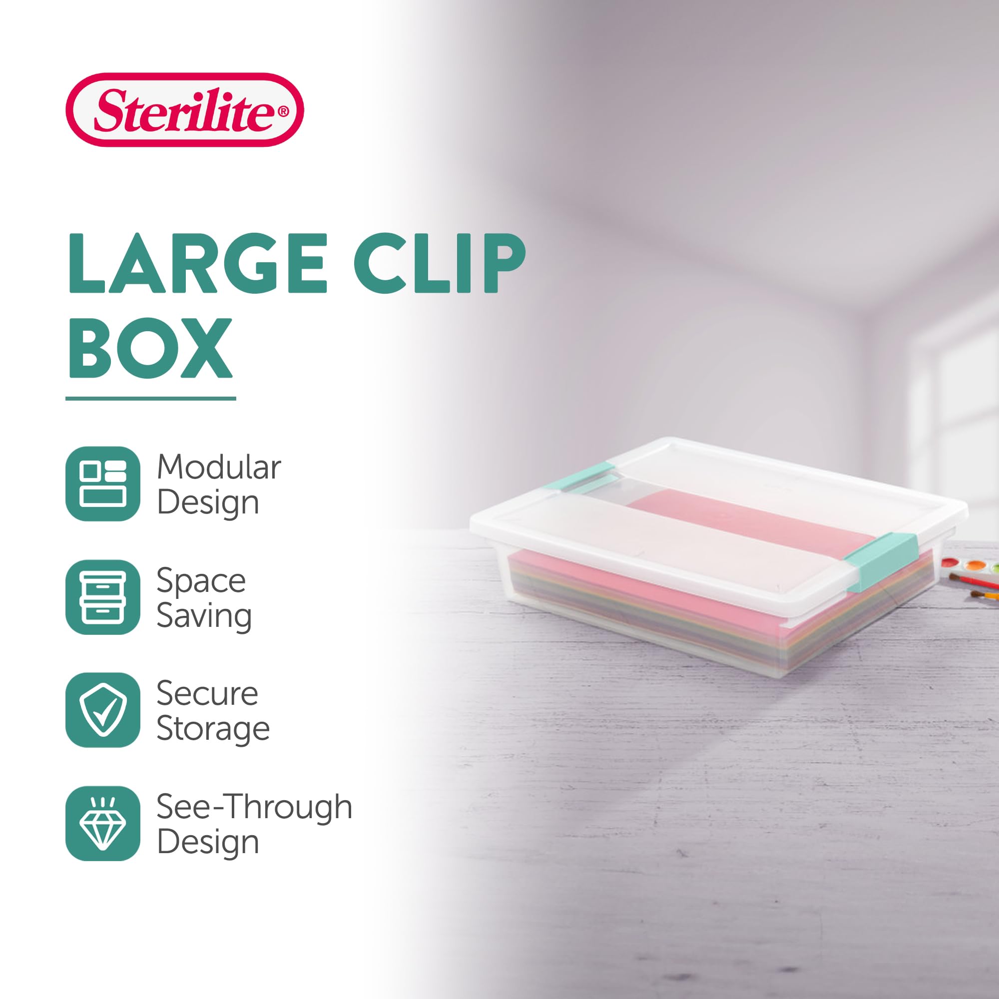Sterilite Clip Box, Stackable Small Storage Bin With Latching Lid, Plastic Container To Organize Office, Crafts, Clear Base And