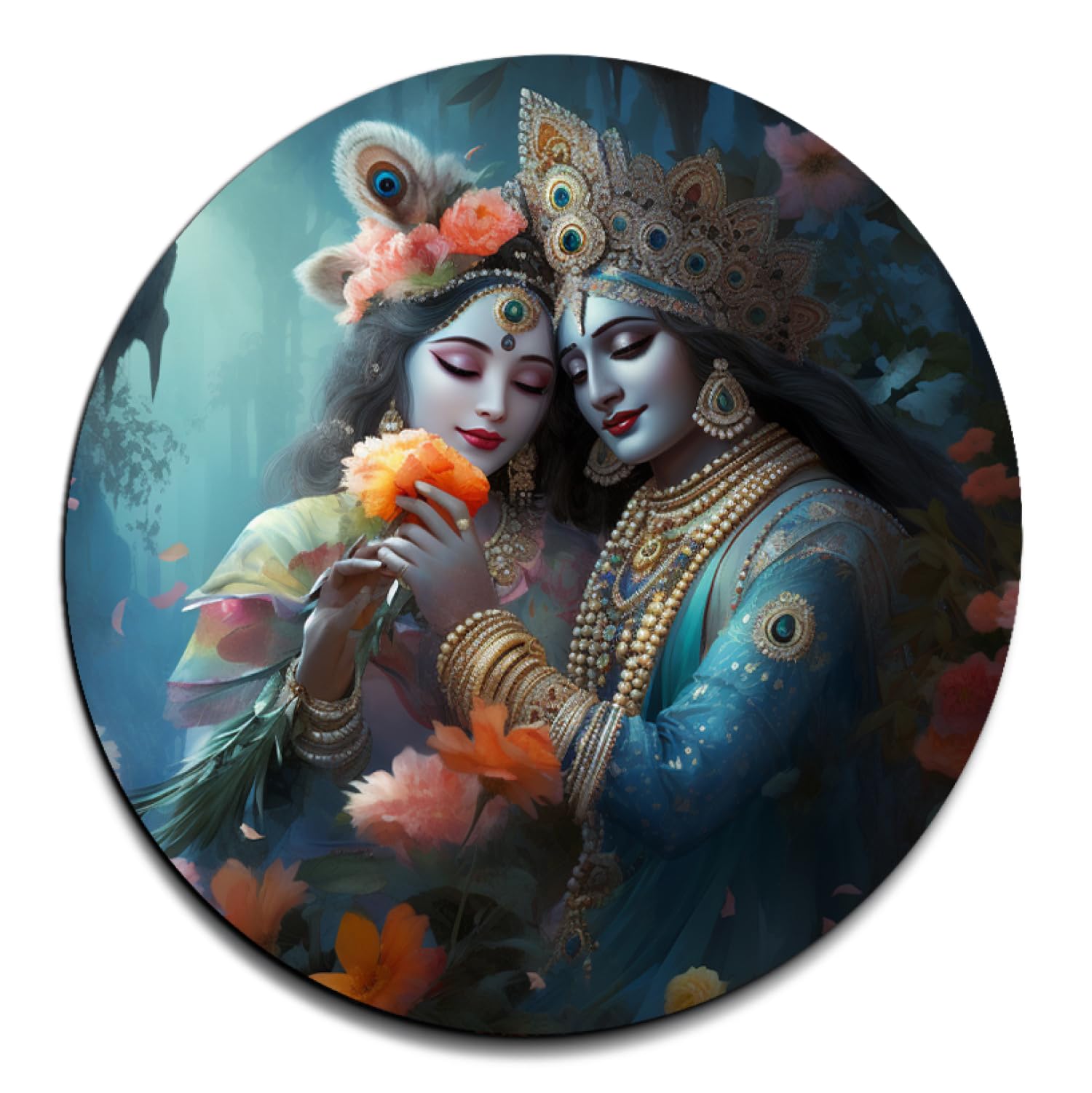 Chalk My Theme Beautiful Radha Krishna Murti, Radha Krishna Photo Frame, Radha Krishna Wall Decor, Round Wood Print Wall Art Pai