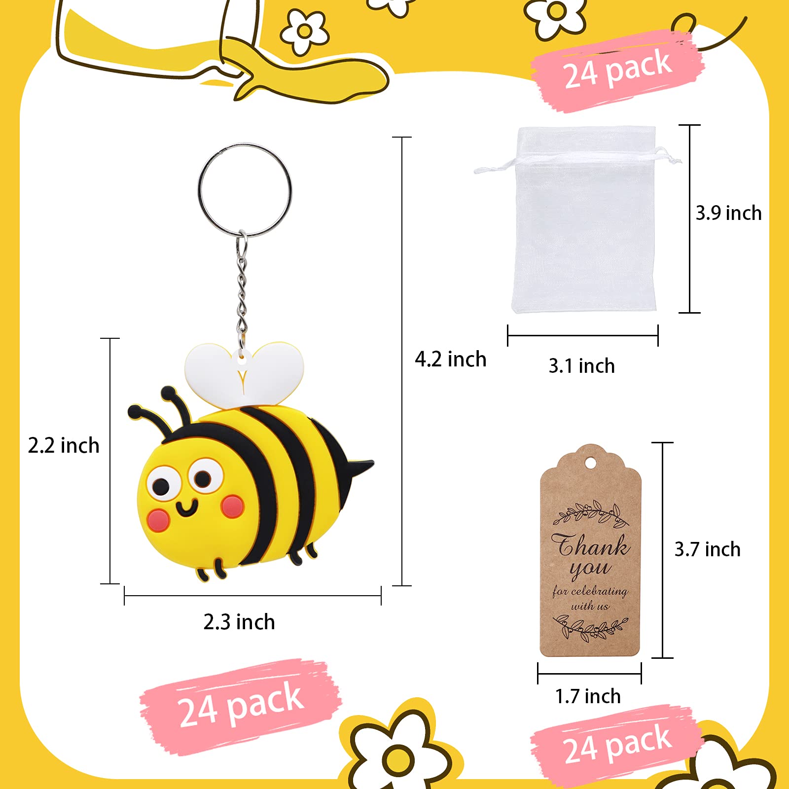 Sunny Seat Cute Bee Keychain Party Goodie Bag Gifts Favor 24 Sets With Thank You Card Tag And White Gift Bags For Kids Bee Day T