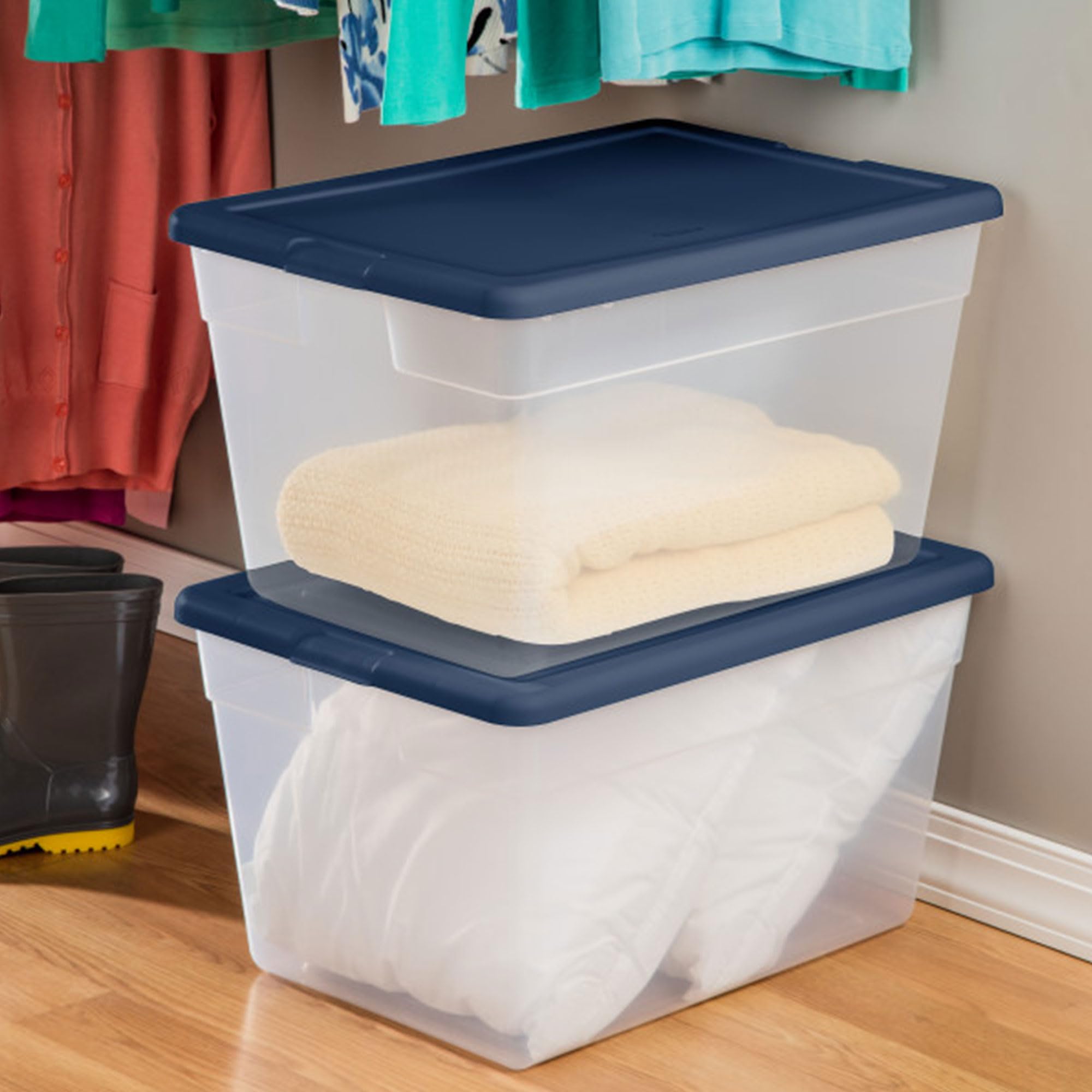 Sterilite 24-Pack Clear Plastic Storage Bins, Stackable Totes With Lids, Marine Blue