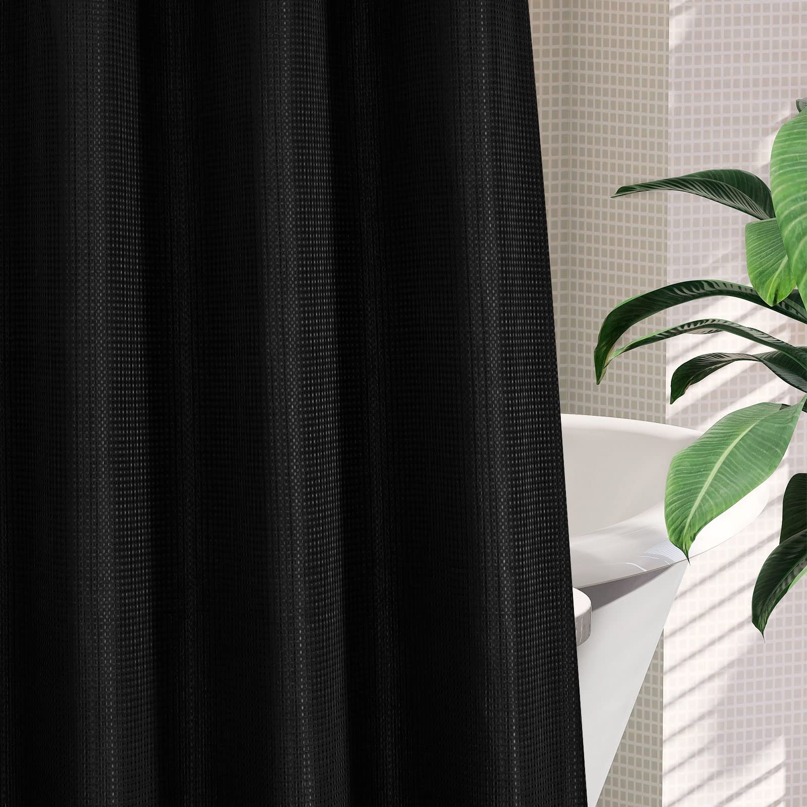 Mitovilla No Hooks Needed Black Waffle Shower Curtain Set With Snap-In Liner, Modern Waffle Weave Heavy Duty Fabric Cloth Shower