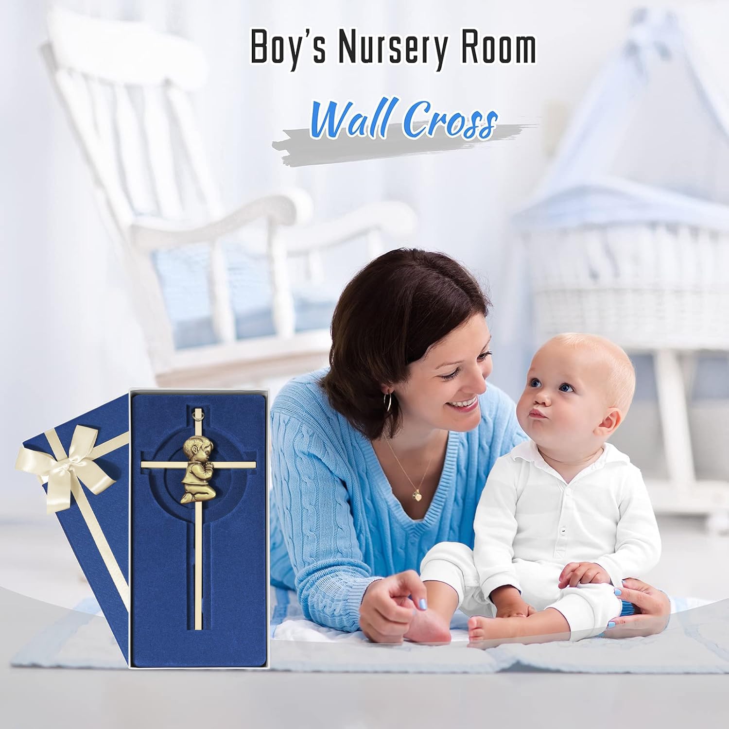 Tryuunion Baby Wall Cross Baptism and Christening Gifts for Boys, 7-inch Olive Golden Blessing Catholic Boy Baptism Crosses for