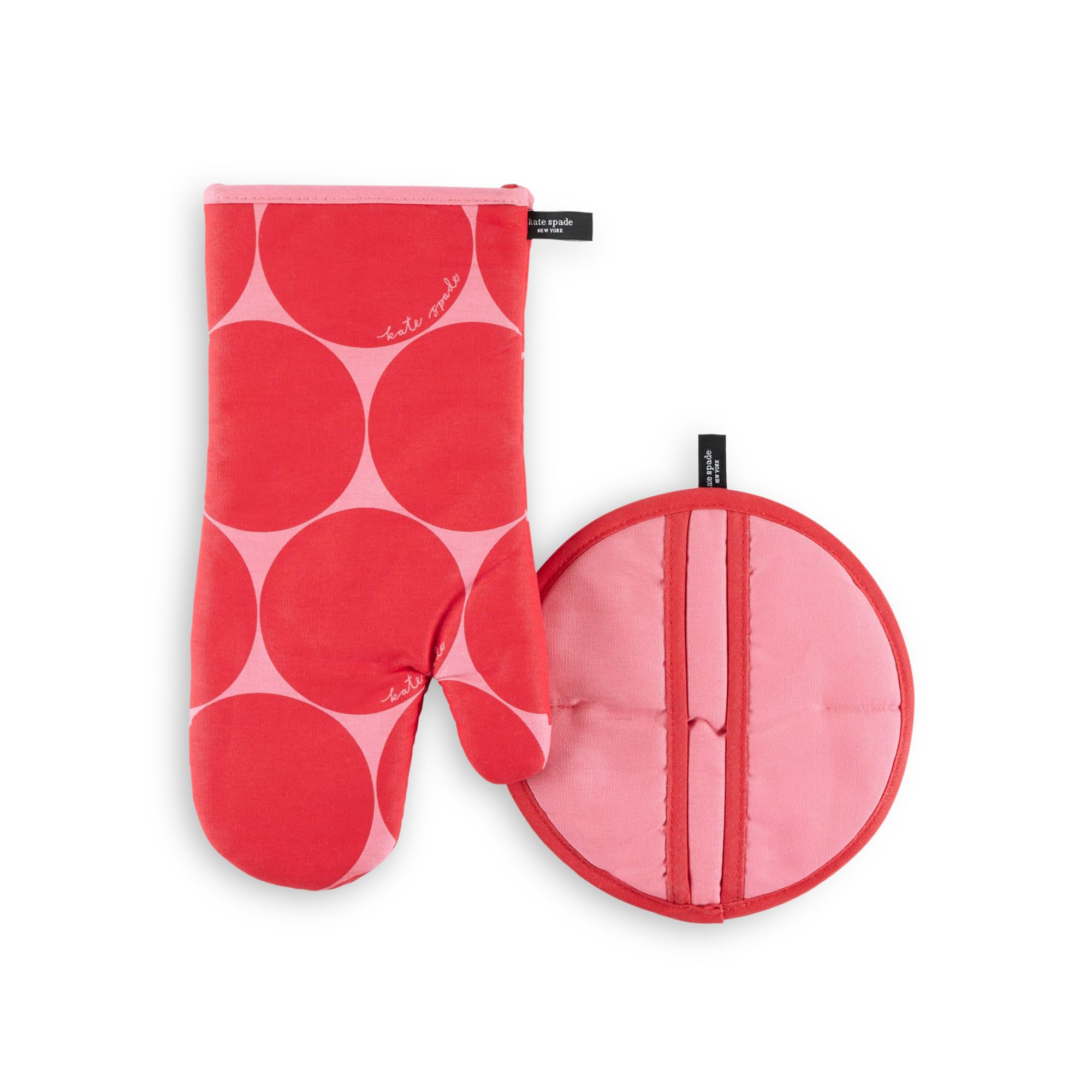 kate spade new york Joy Dot Oven Mitt & Pot Grabber 2-Pack Set, 7 x 13, 8 Round, Red/Rose Pink