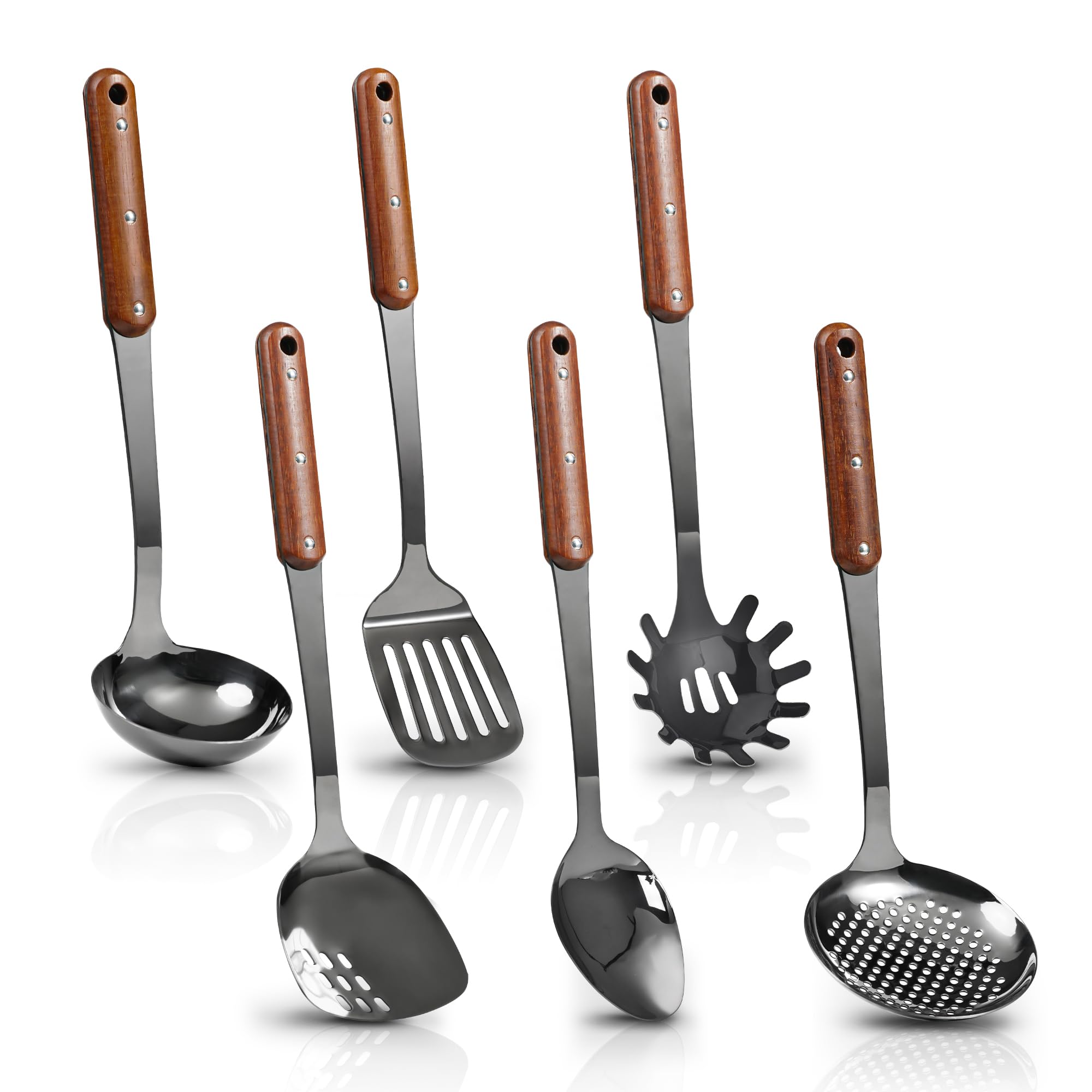 Stainless Steel Mirror Polished Kitchen Utensils Set  6pcs Cooking Utensils Set with Wooden Handle, Heat Resistant Kitchen Tool
