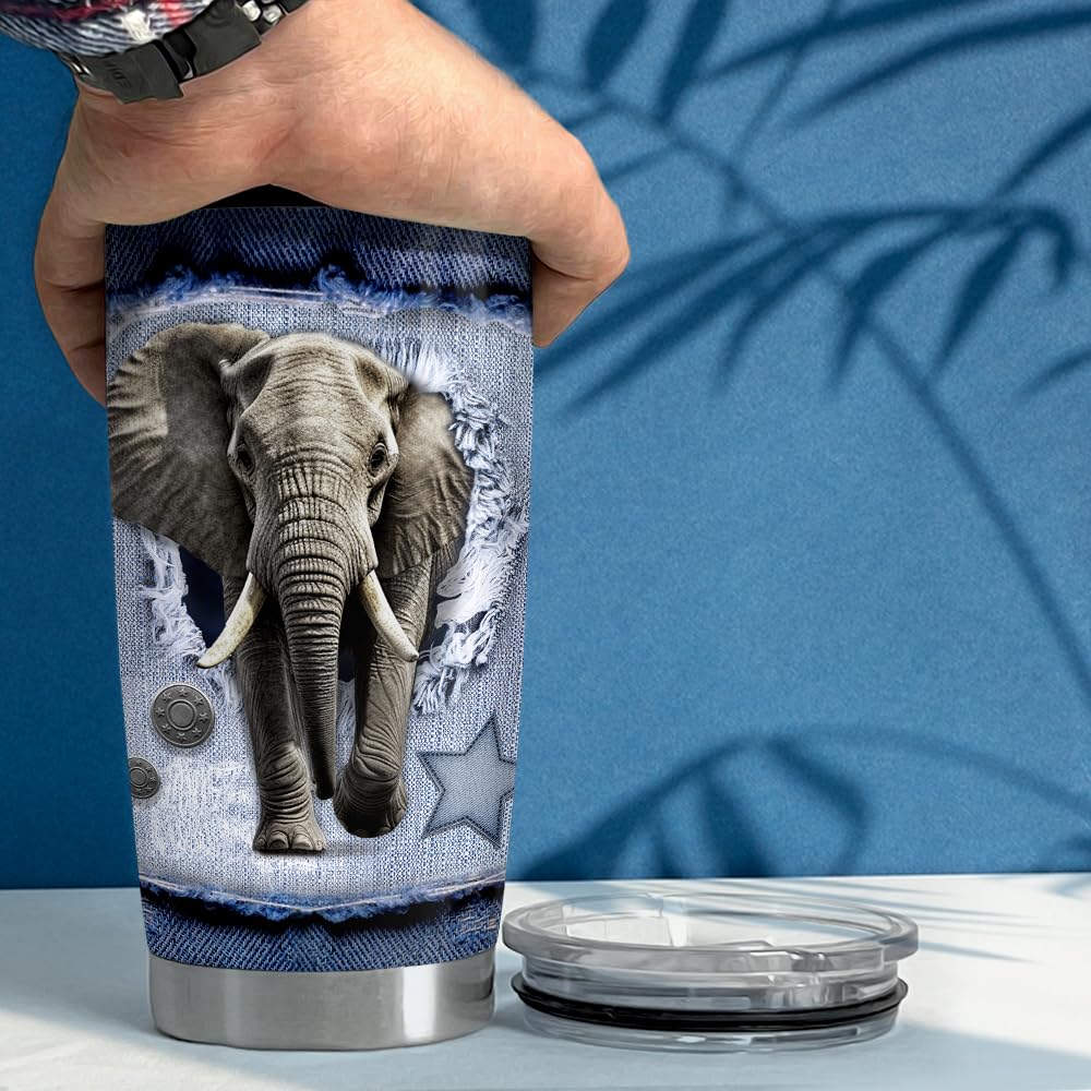Sandjest Elephant Tumbler 20Oz Stainless Steel Insulated Tumblers Coffee Travel Mug Cup Jeans Drawing Style Elephants Gifts For