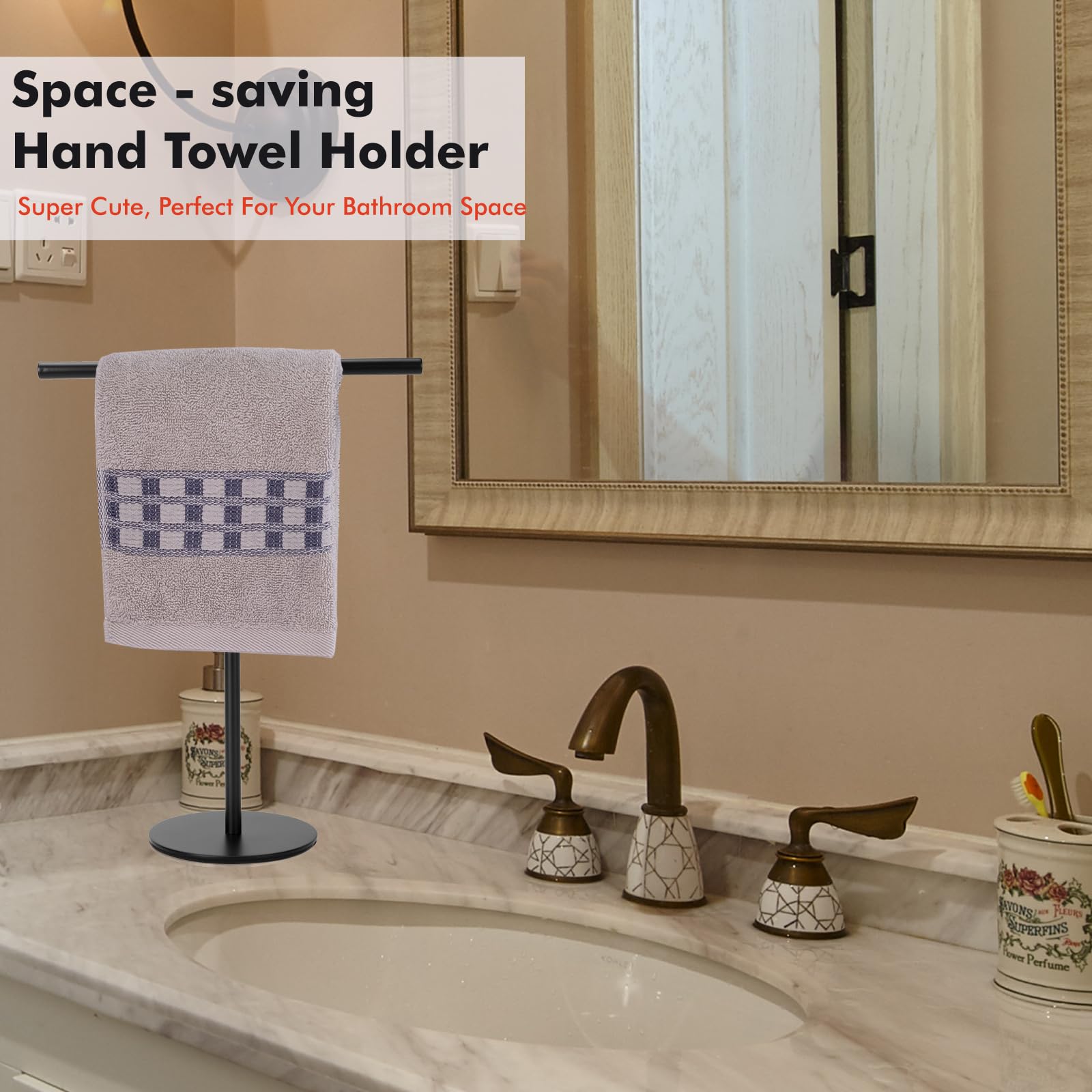 Exilon Black Hand Towel Holder Stand For Bathroom Vanity Countertop Stainless Steel T-Shape Freestanding Towel Rack Stand Towel