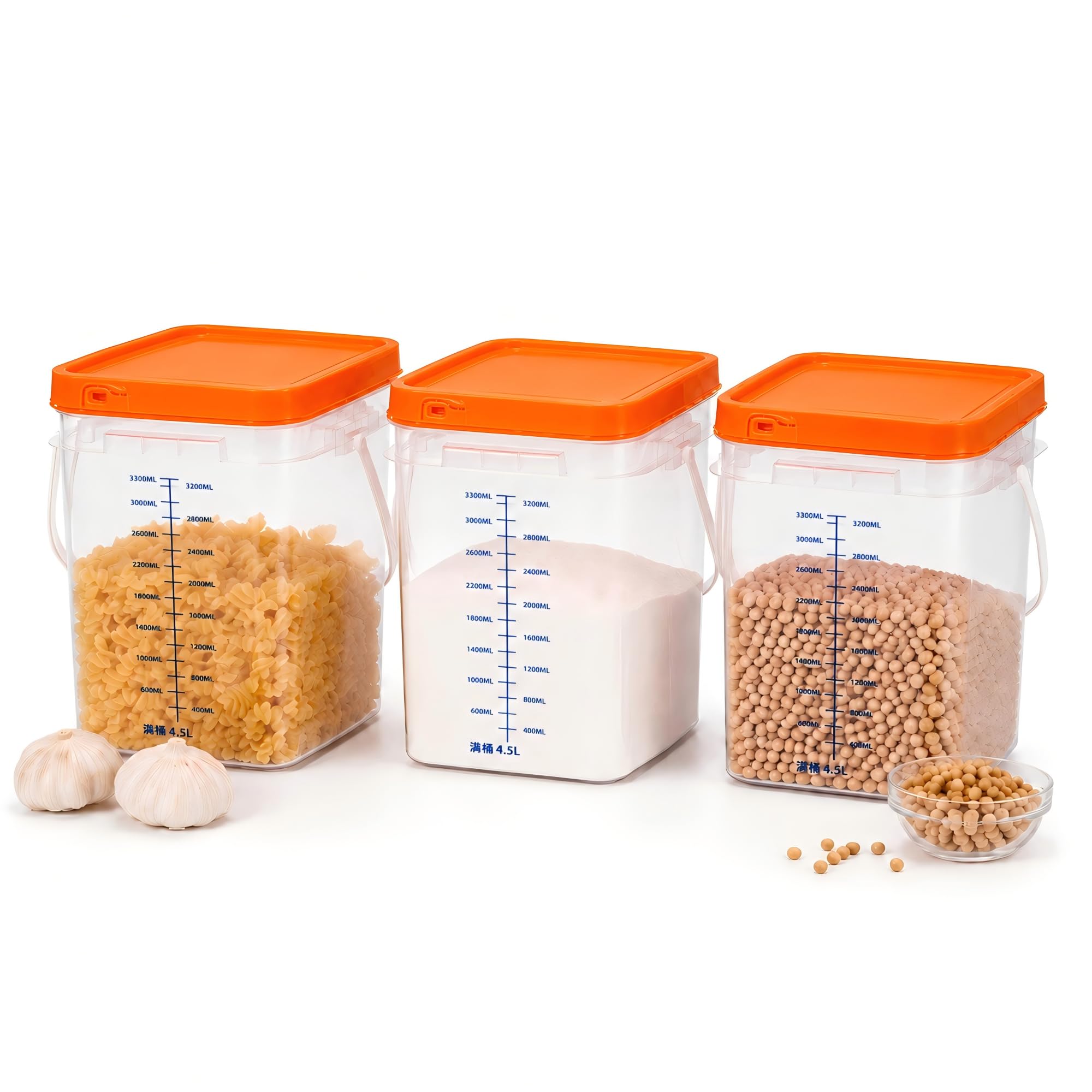 METAPACK 3 Pack 1 Gallon Clear Food Storage Buckets with Lids, Square Food Grade PP Plastic Buckets with Measurement Markings, H