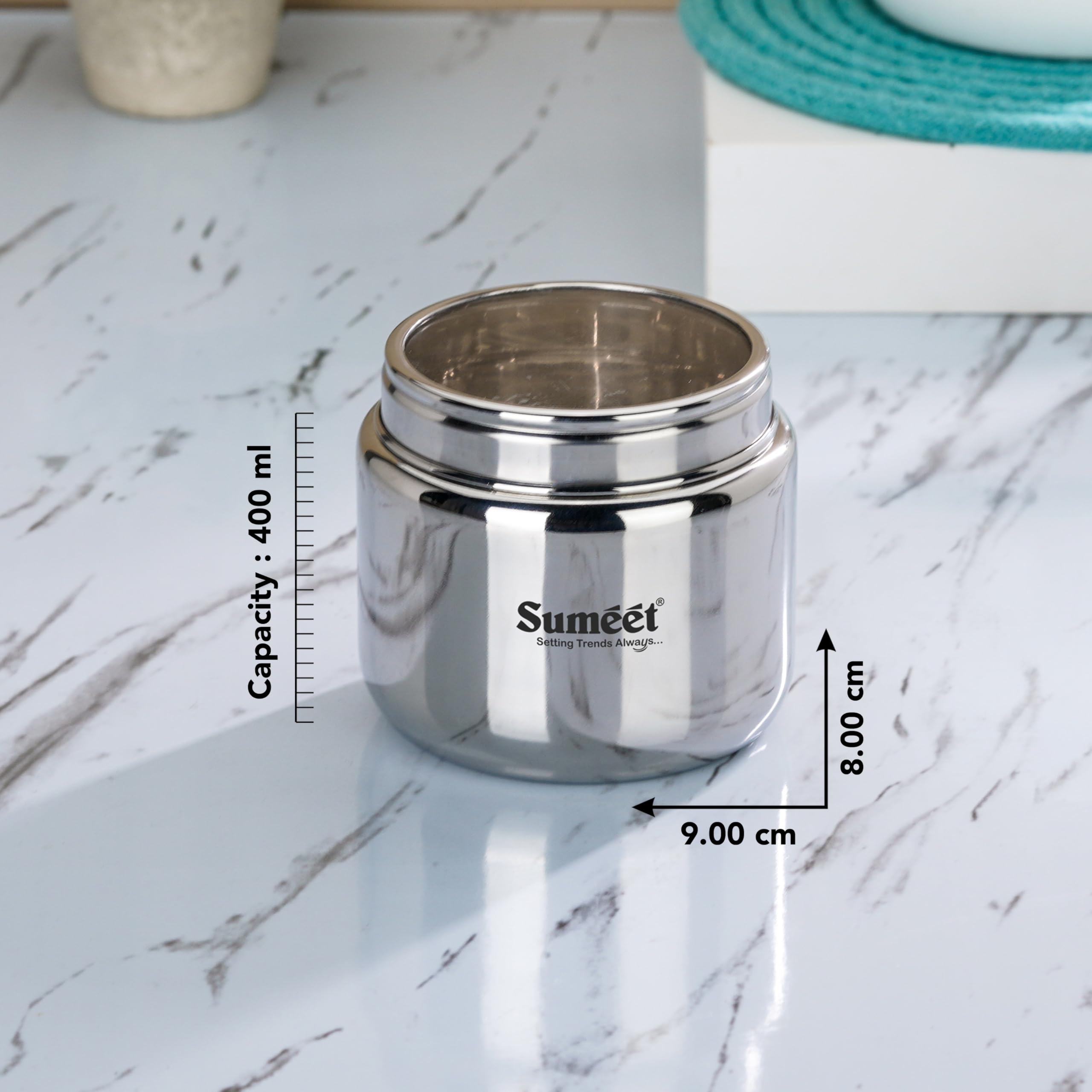 Sumeet Stainless Steel Small Canisters/Dabba/Storage Containers For Kitchen With See Through Lid, Set Of 6 Pcs, 400Ml Each, 9Cm
