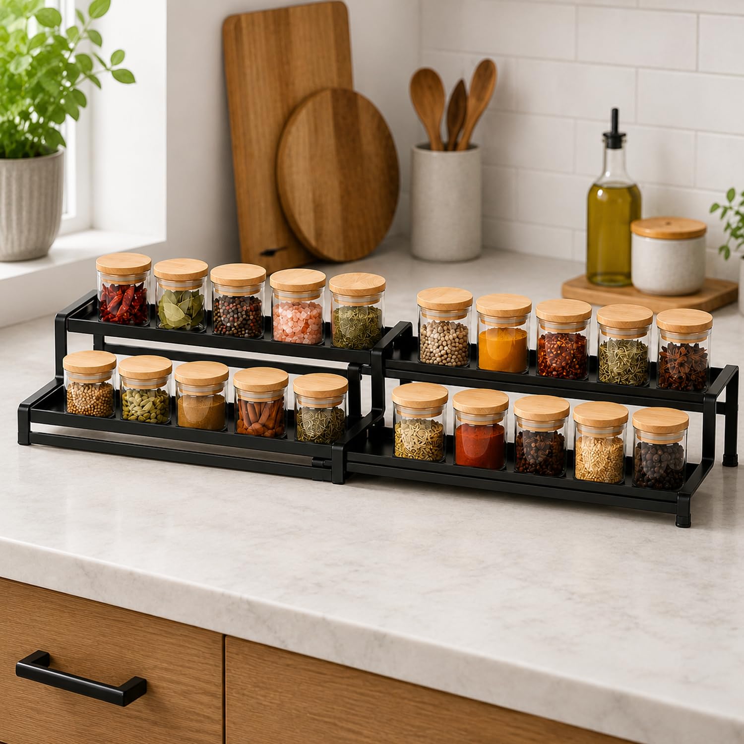 Go Hooked Spice Rack Organizer For Cabinet, 2 Tier Black Expandable Spice Rack For Pantry, Spice Organizer Display Shelf (14.5 T