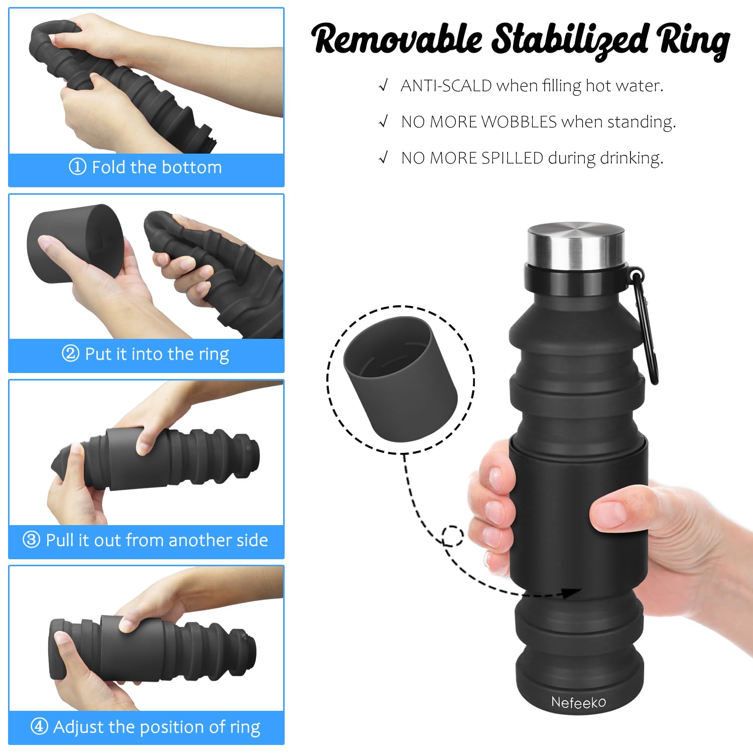 Nefeeko Collapsible Water Bottle, Reuseable Bpa Free Silicone Foldable Bottles For Travel Gym Camping Hiking, Portable Leak Proo